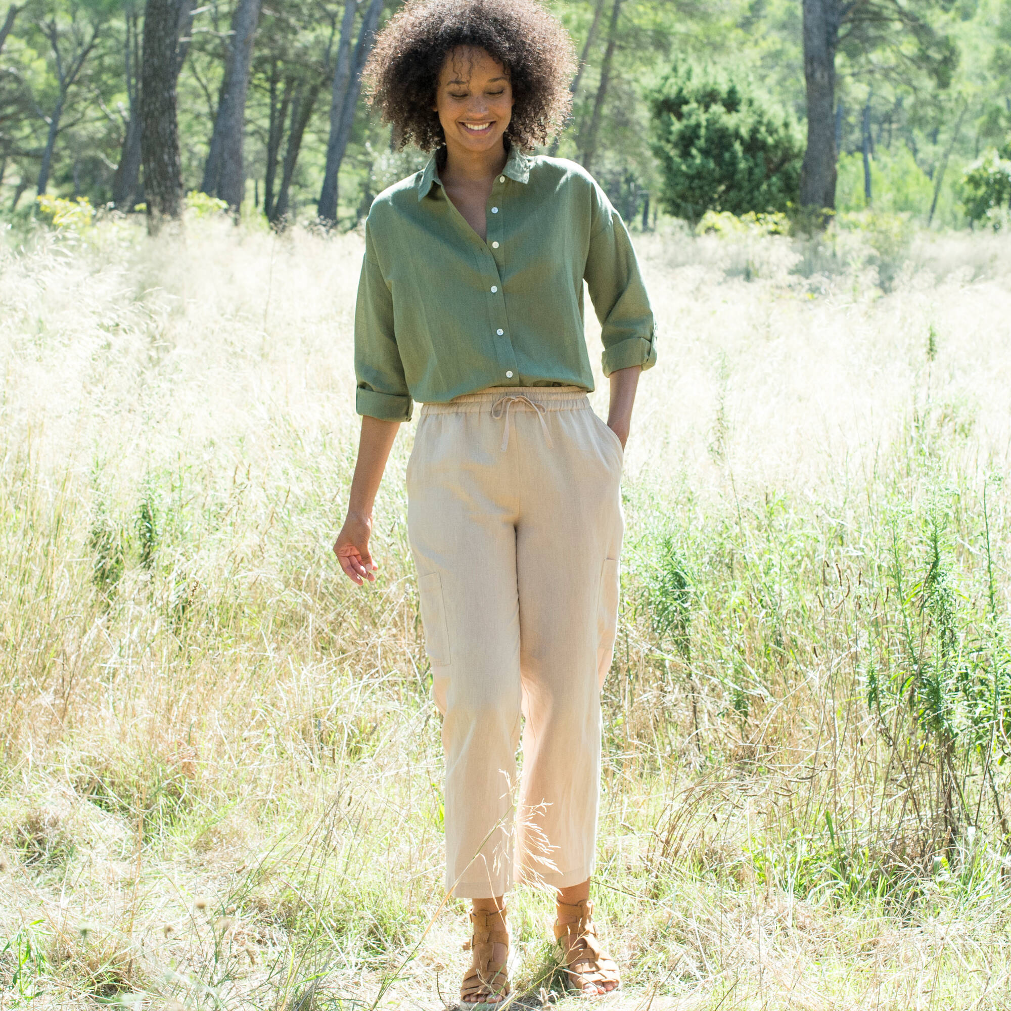 Chemise en coton-lin, manches longues retroussables
