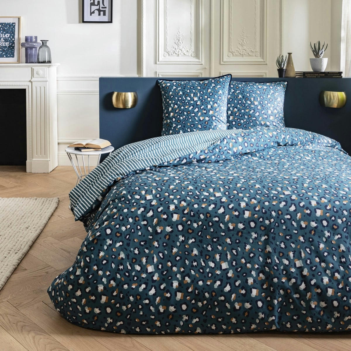 MILOU - Parure de lit 2 personnes coton  imprimé bleu 240x220cm