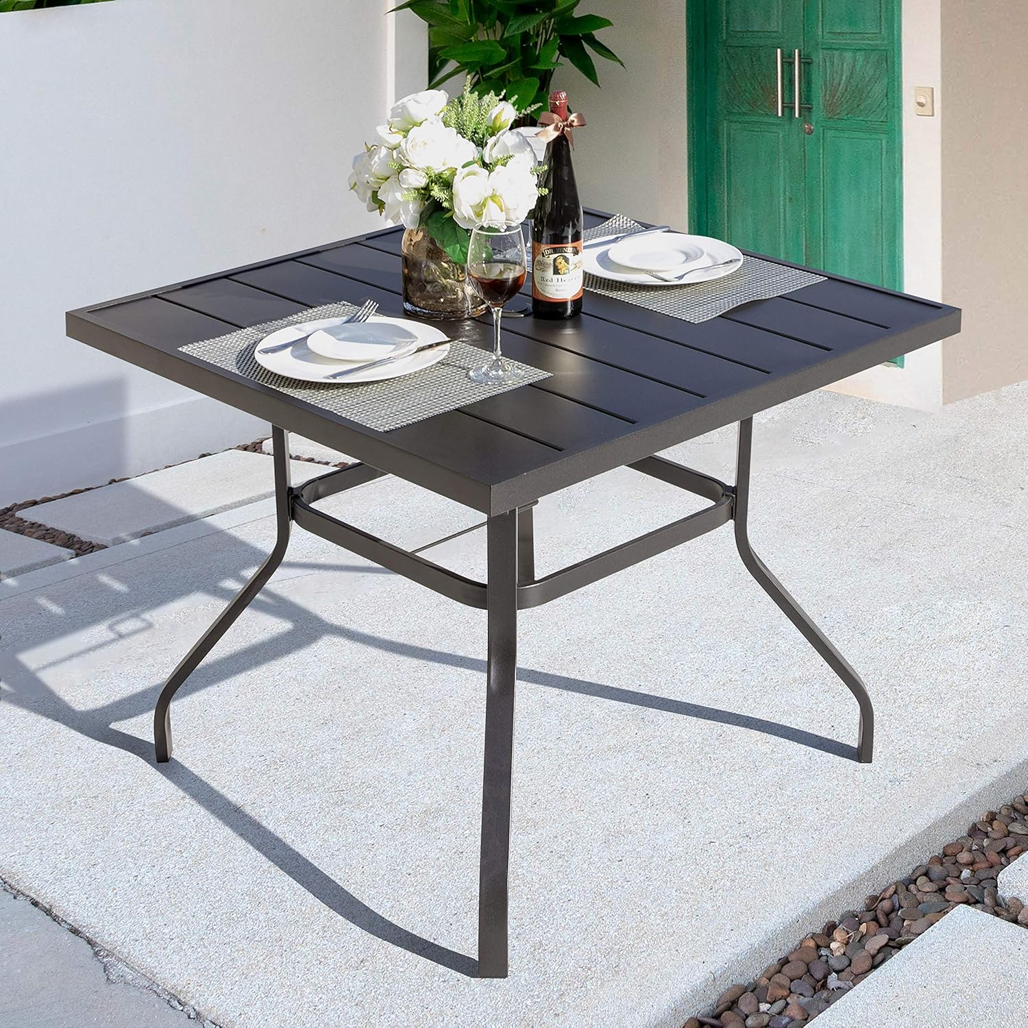 NUU GARDEN 37 Outdoor Patio Table, 4 Person Steel Slat Square Dining Table with 1.57 Umbrella Hole, Slatted Top and Powder Coated Iron Frame for Patio, Garden and Balcony, Black