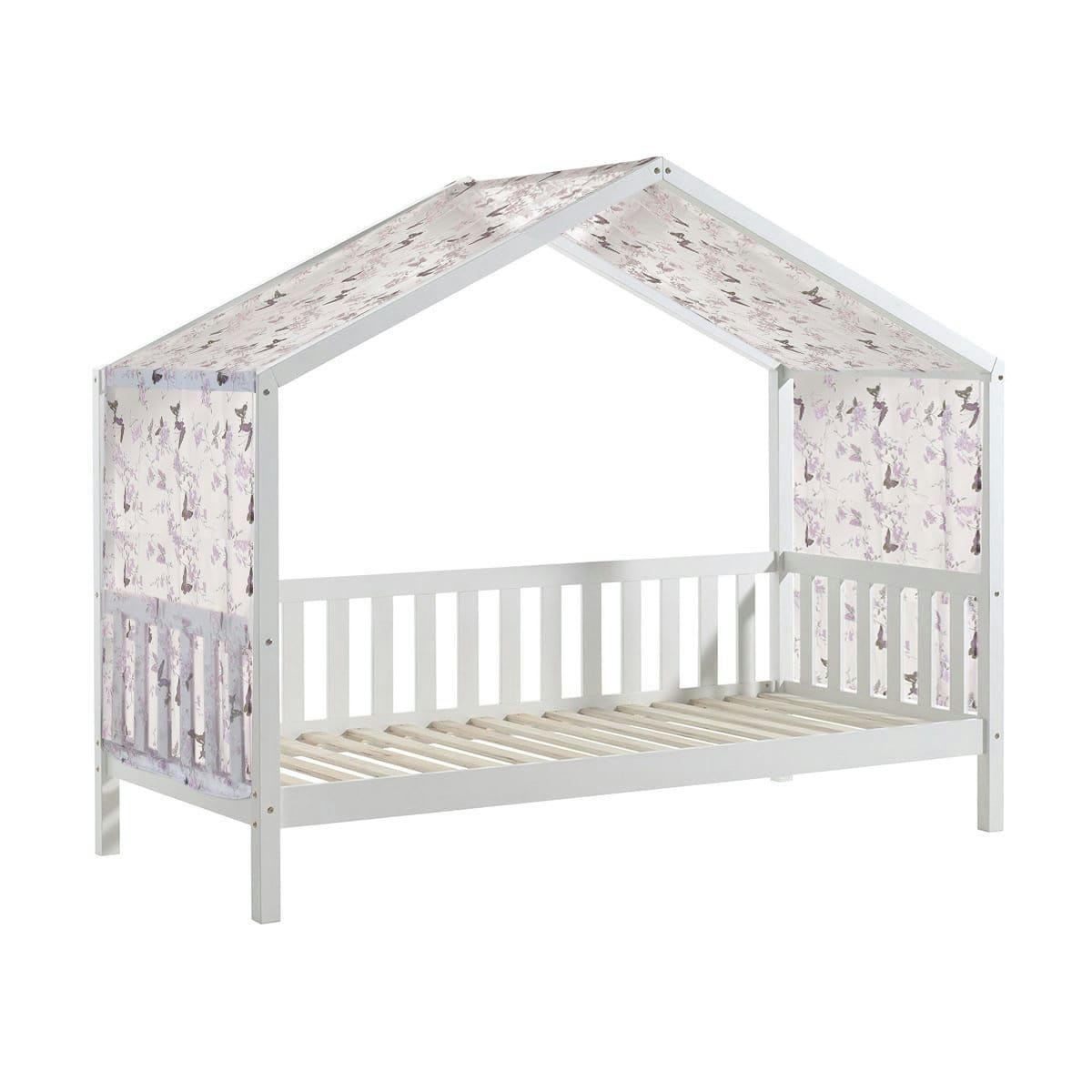 ARKAN - Lit  maison à barrières 90x200cm pin blanc + voile