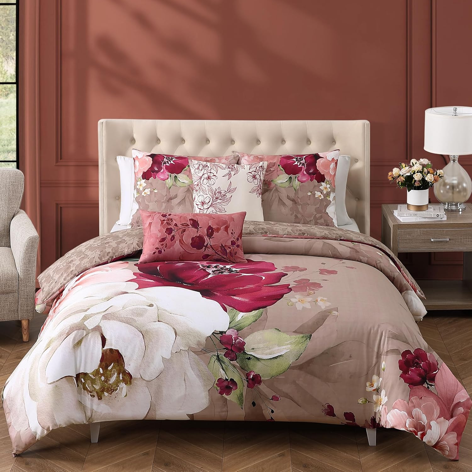 Bebejan Florence 5 Piece Comforter Set, 100% Cotton Sateen, 220 Thread Count, Brown Reversible Bedding Comforter Set, 1 Comforter, 2 Shams & 2 Pillows (King/Cal King)