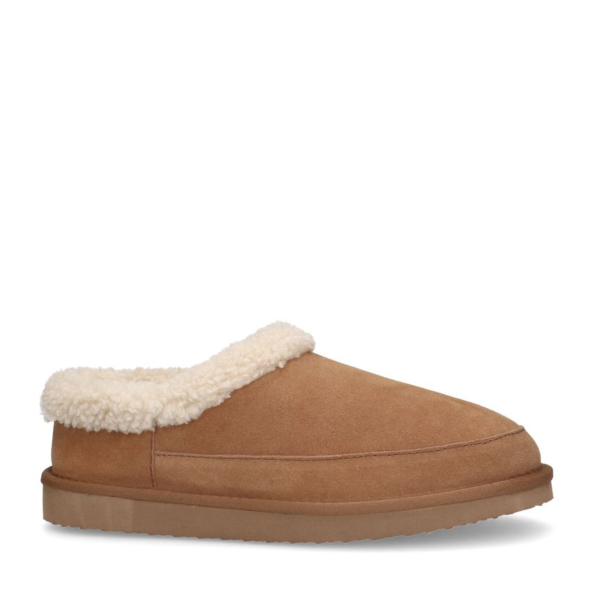 Manfield Cognac suède pantoffels met imitatie wol