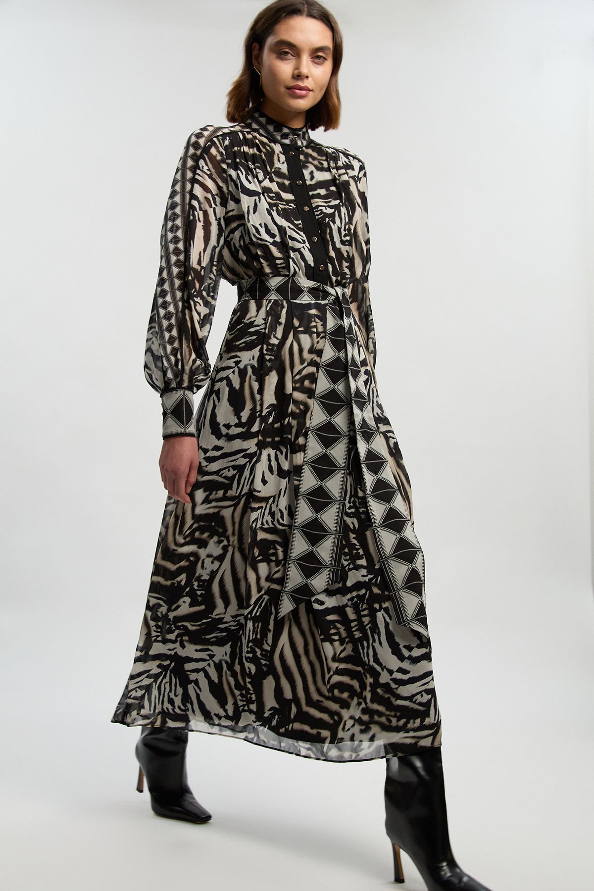 KarenMillen Animal Print Viscose Georgette Woven Belted Maxi Dress