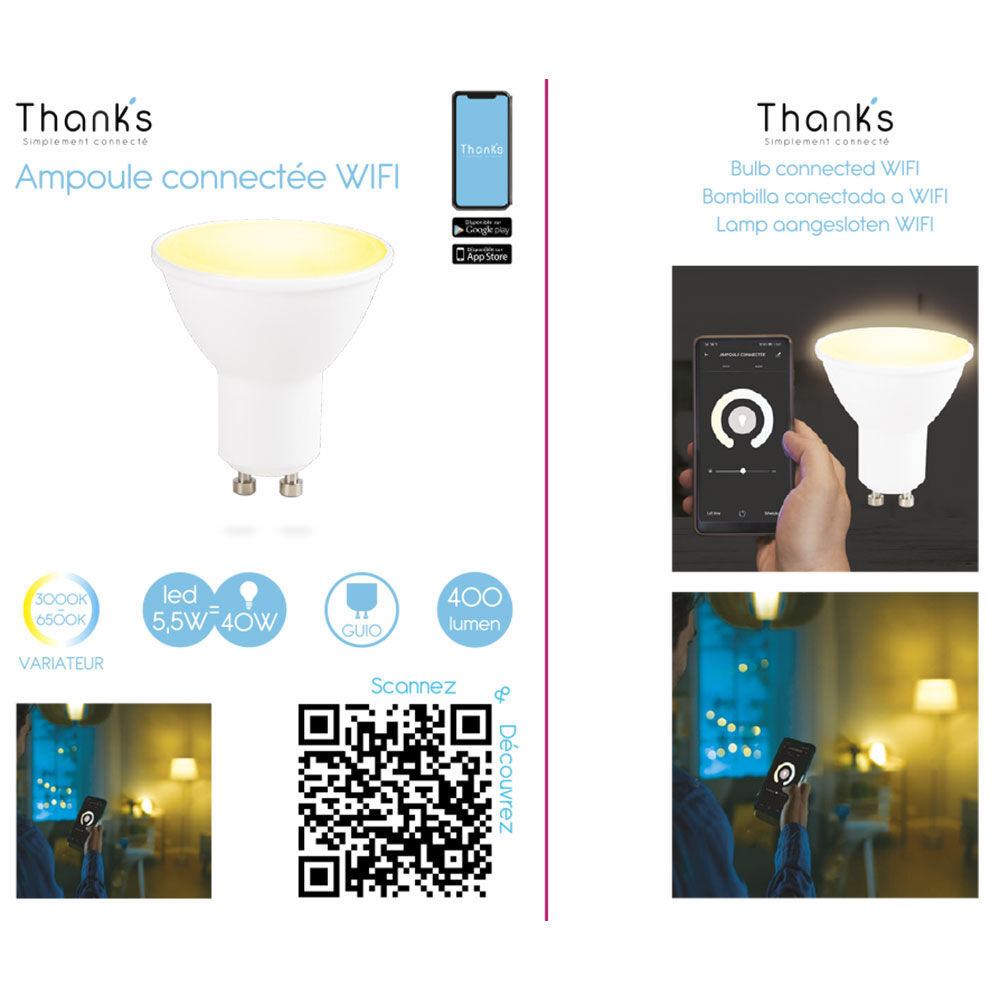 Ampoule LED connectée blanc ajustable GU10 40 W