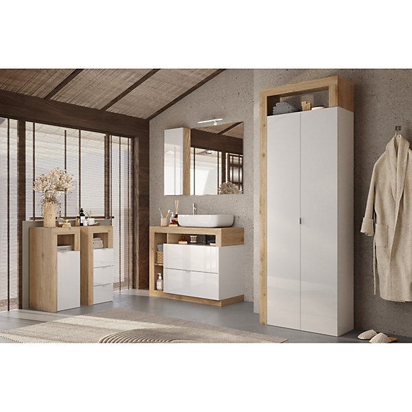 Commode BURA3 tiroirsL35 cmBlanc brillant laqué et chene clairDesign moderne