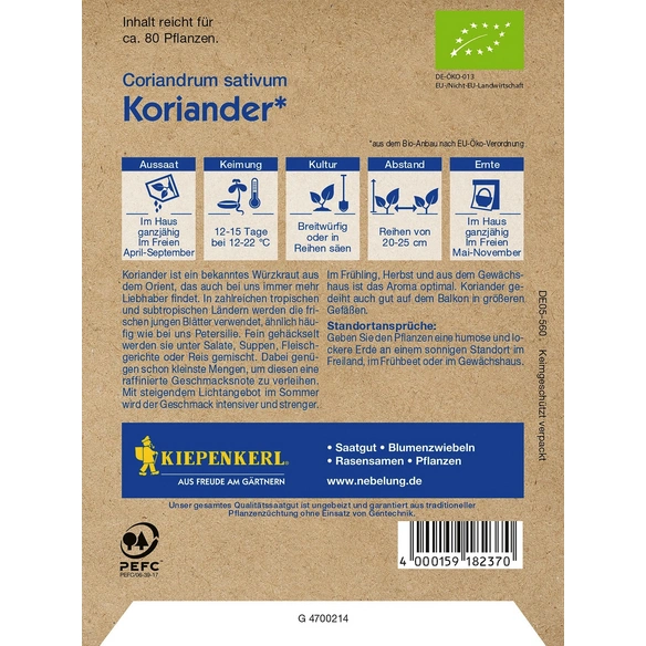 Koriander, Coriandrum sativum, Bio-Qualität, Saatgut