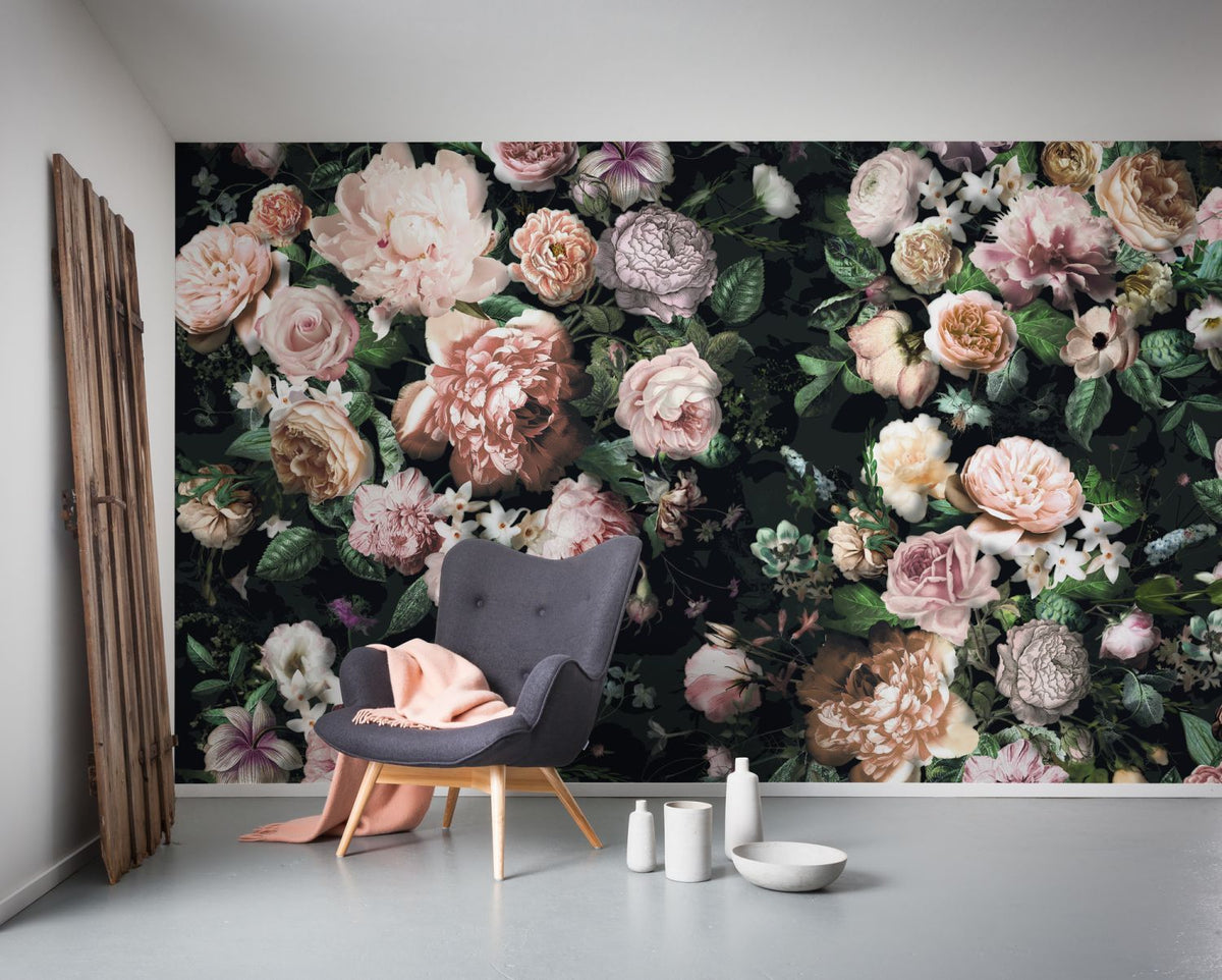 Sanders & Sanders fotobehang bloemen multicolor op zwart - 400 x 250 cm - 611945