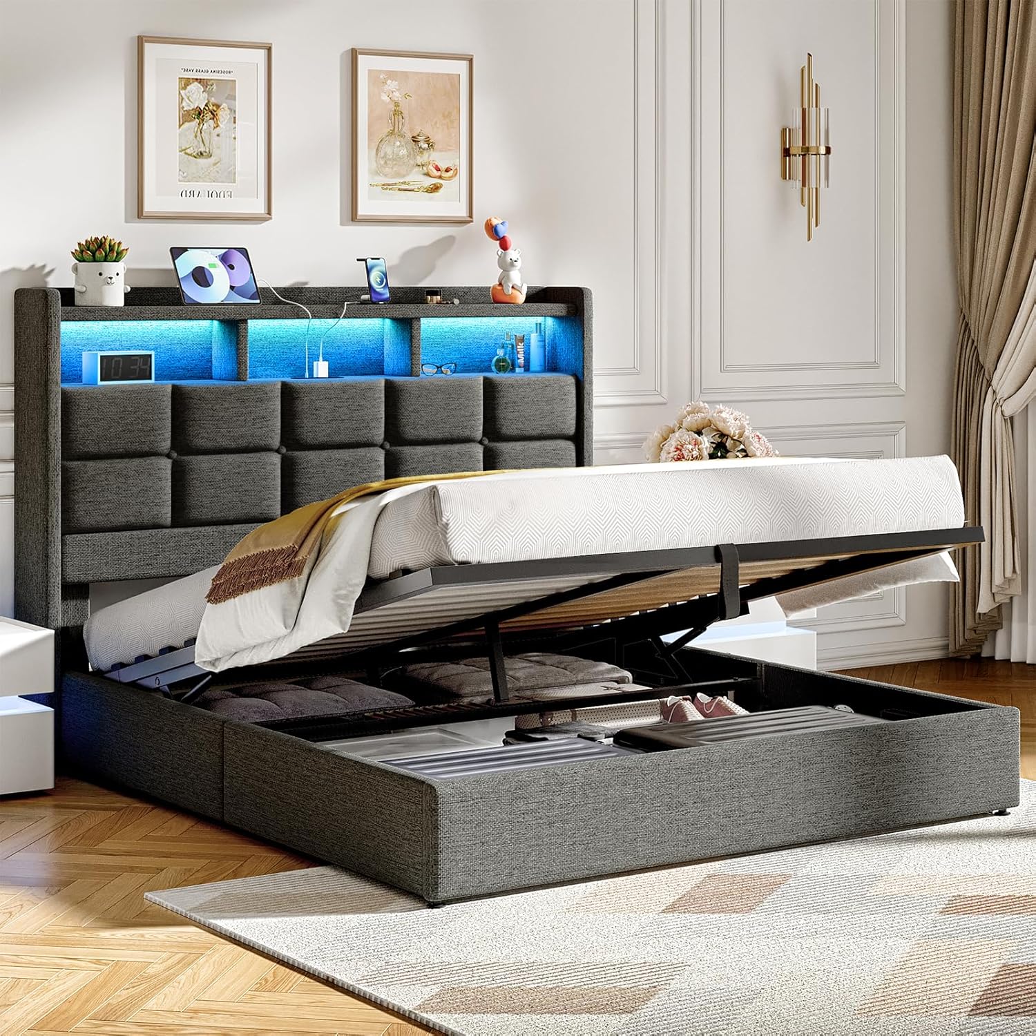 Lift Up Full Size Bed Frame with Storage, Upholstered Full Bed Frame with LED Lights Headboard and Charging Station, No Box Spring Needed, Easy Assembly - Dark Grey