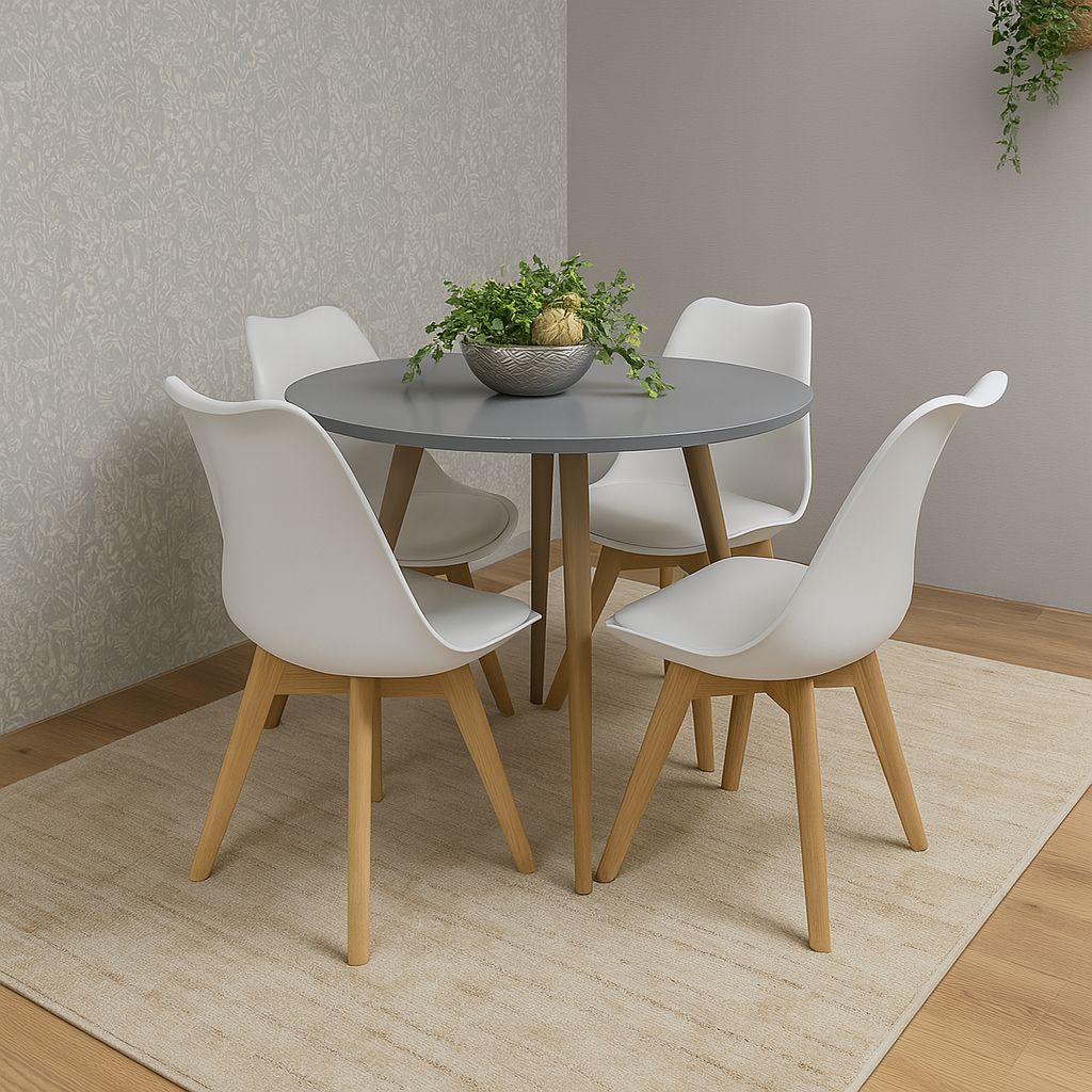 KOSY KOALA Dining Table And 4 Chairs Grey Round Table With 4 White Plastic Chairs Dining Room Furniture