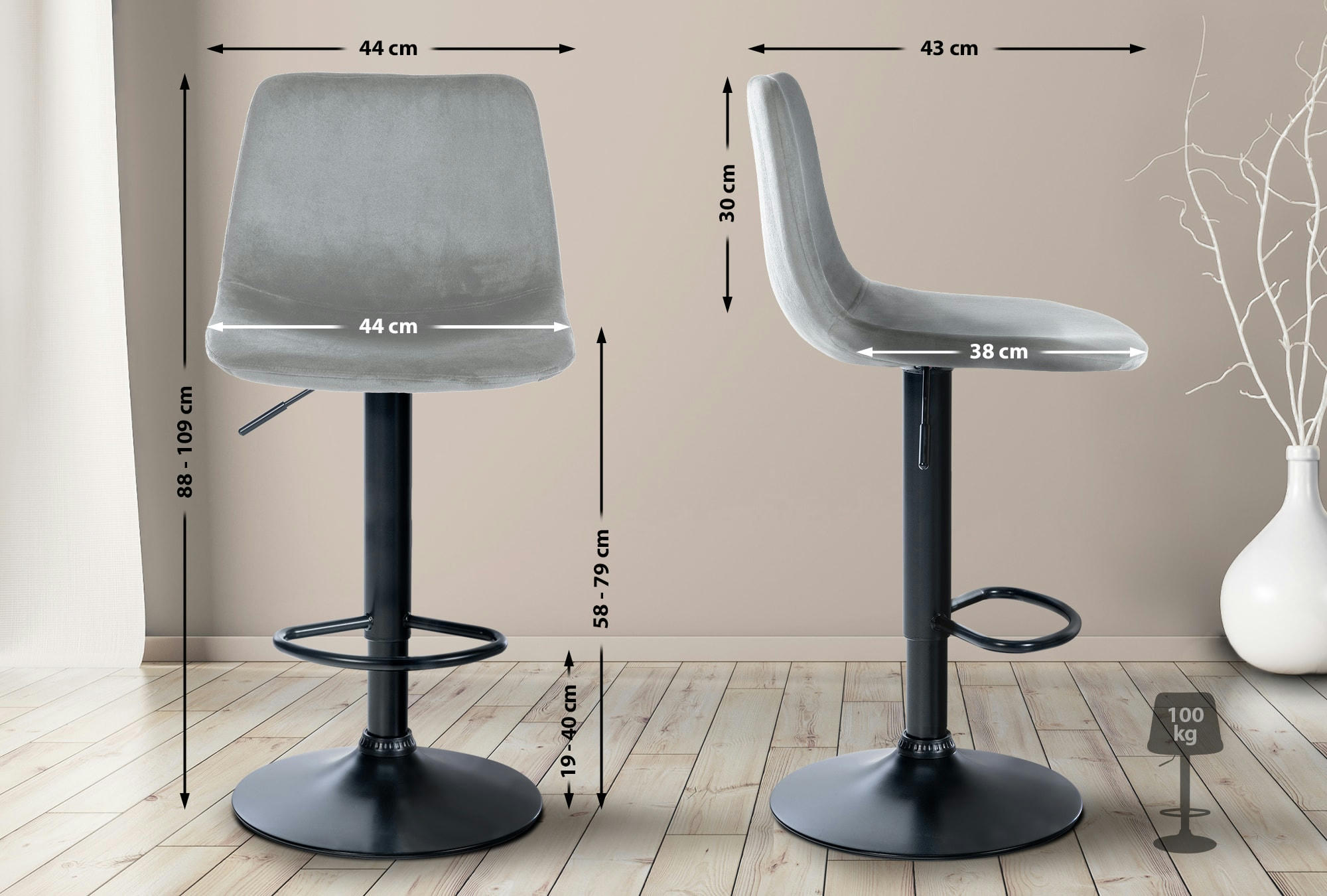 DIVO - Tabouret de bar velours ajustable pivotant velours Gris