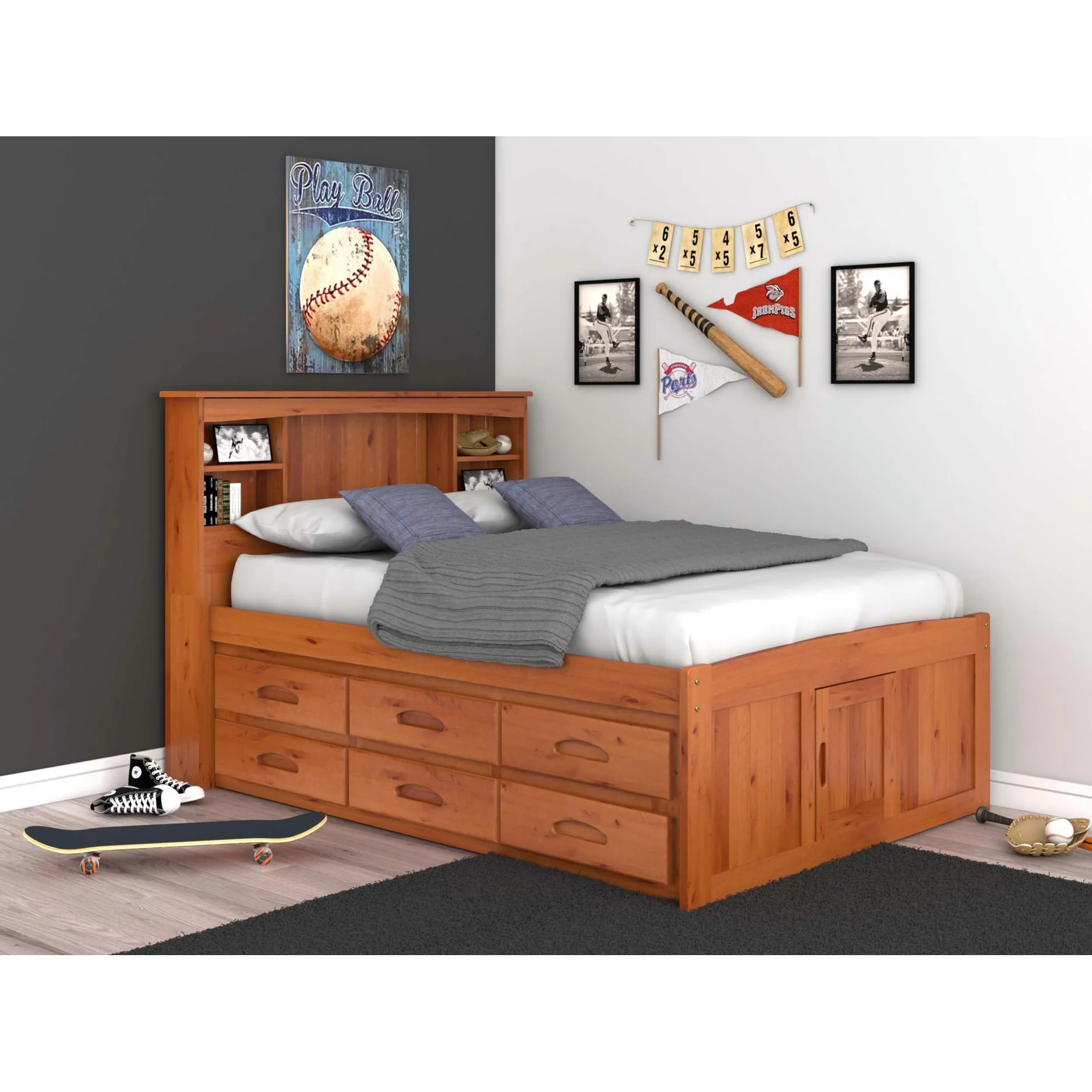 OS Home and Office Furniture Model Solid Pine Full Captains Bookcase Bed with 12 drawers in Warm Honey