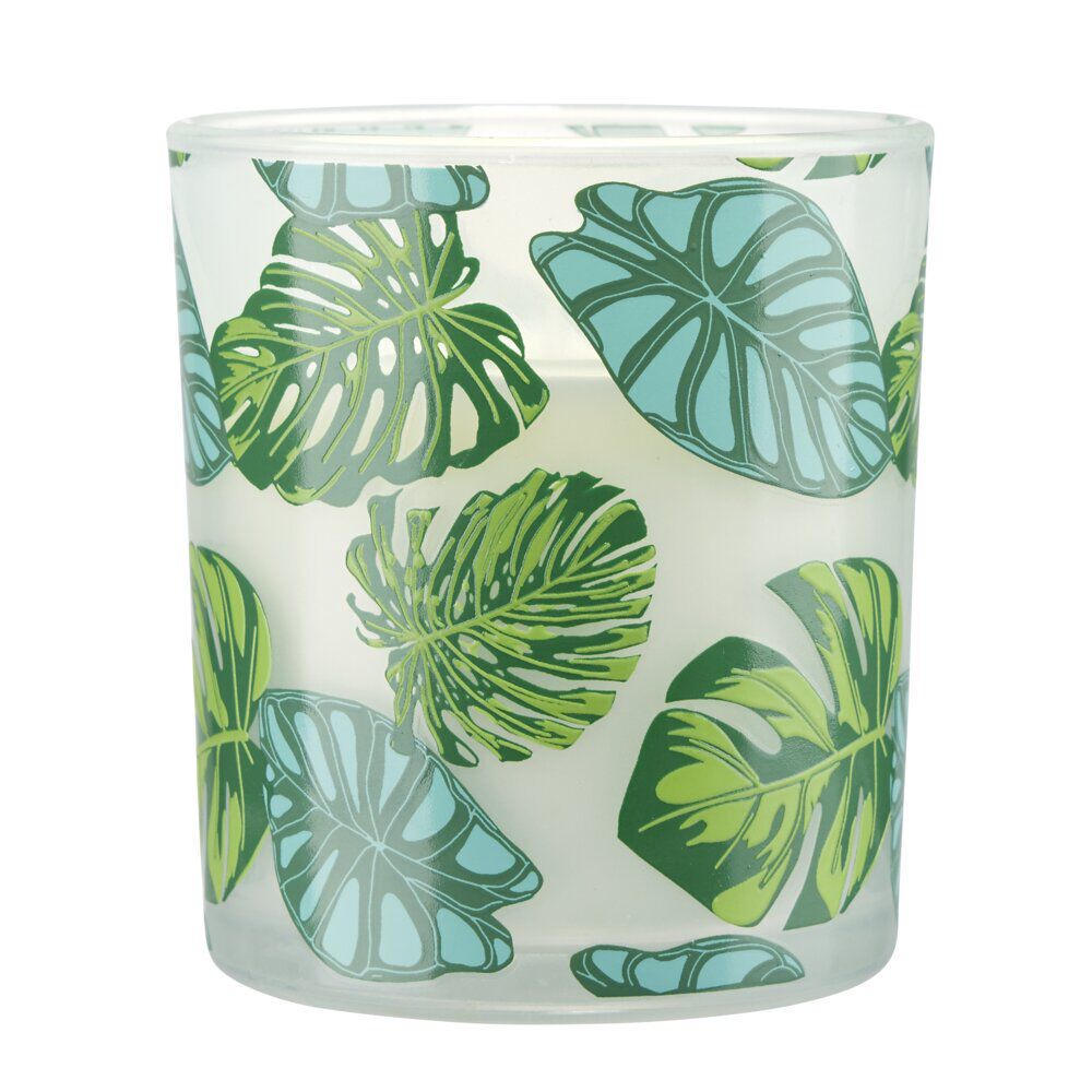 Bougie parfumée dans pot verre feuillage phosphorescent Ø8,5xH10cm (3modèles)
