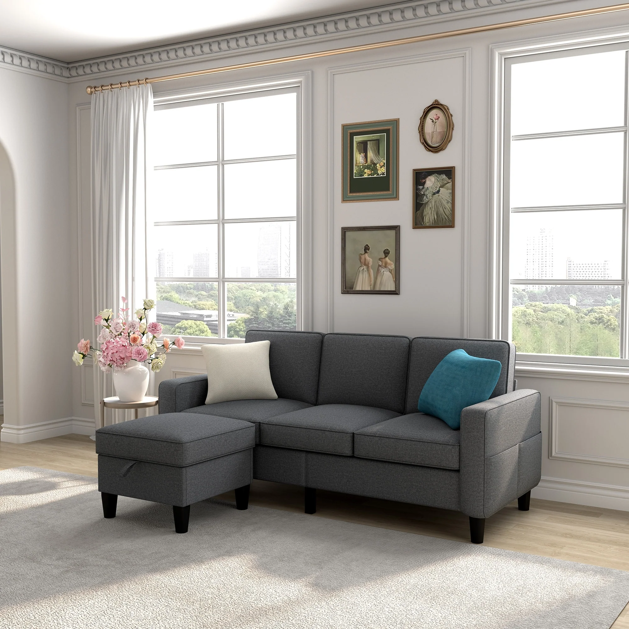 Soft Fabric Convertible Modular Sofa and Ottoman - 53.50 x 77.50 x 33.00