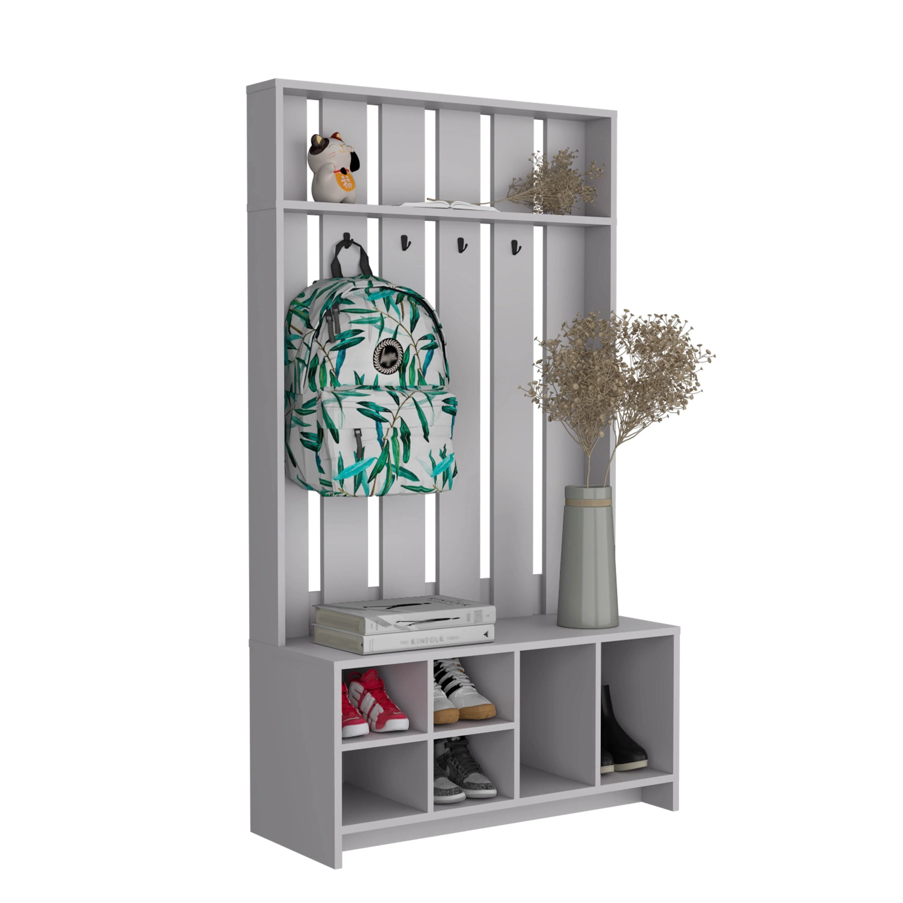Modern Vertical Hall Tree with 7 Storage Shelves, Eco-Friendly Design in Durable Manufactured Wood