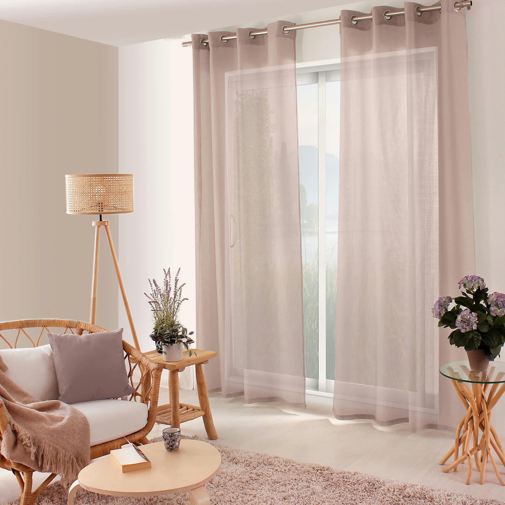 - Voilage uni ajouré à œillets polyester marron glacé 140x240 cm