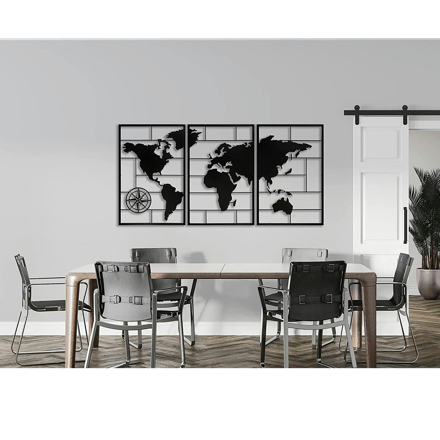- Déco murale triptyque carte du monde en métal 150x74 cm