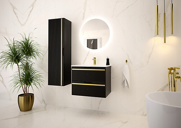 Meuble sous vasque suspendu VESPER noir 60 cm - bande décorative dorée