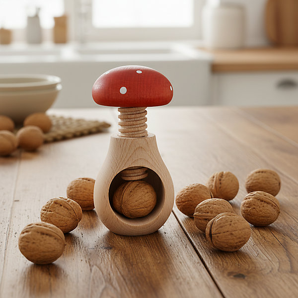 Creative Home Casse Noix Casse-Noisette en Bois Rouge et Blanc - 10 x 6 cm - Forme de Champignon - avec Mécanisme à Vis