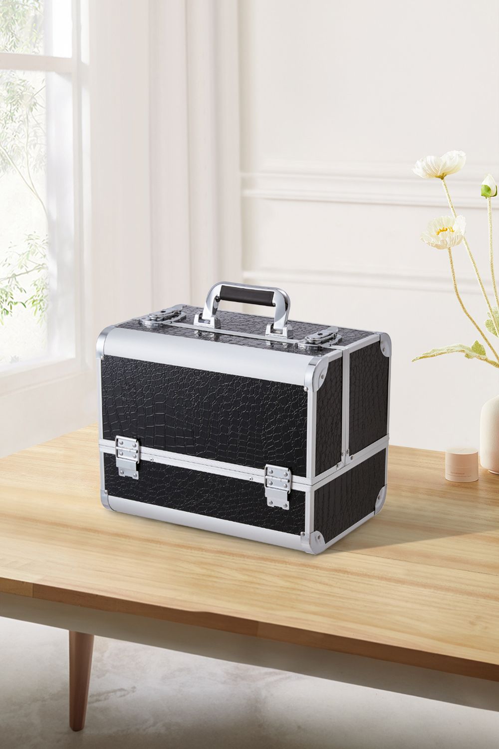 SHEONLY Black Makeup Box Professional Cosmetic Organizer Aluminum Storage Box with 6 Trays