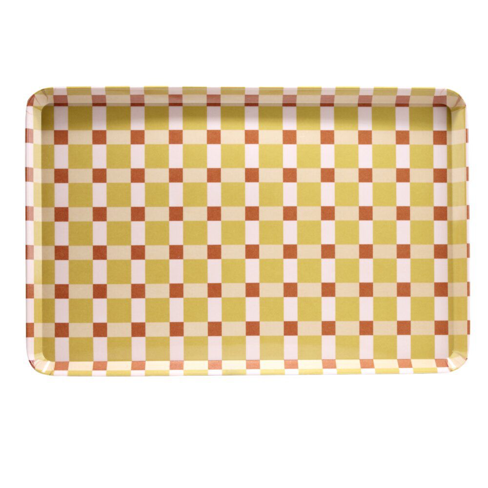 Plateau rectangulaire mélaminé damier irrégulier orange et rose 29,5x45,5cm