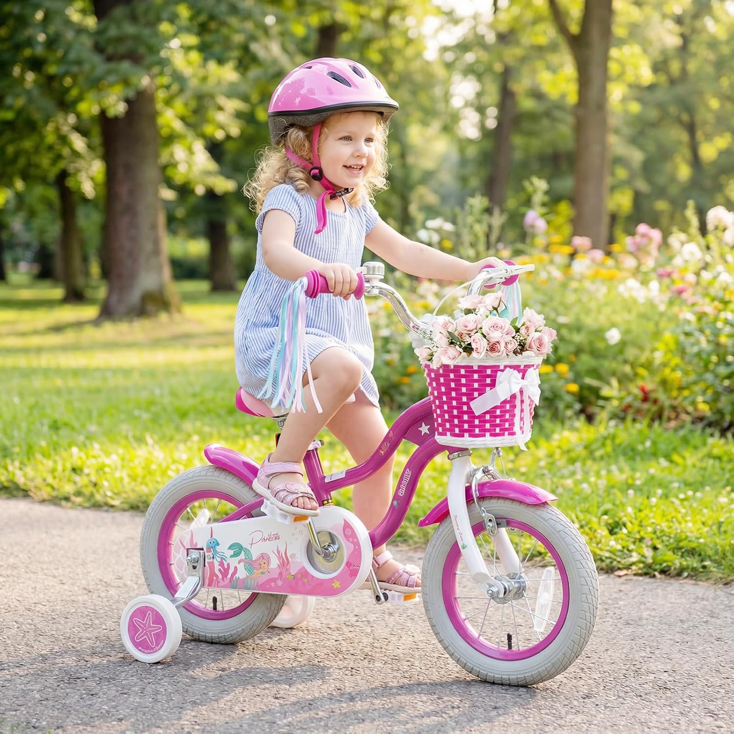 Olakids Kids Bike, 12 14 16 18 20 Inch Mermaid Theme Girls Bicycle with Training Wheels Basket Adjustable Seat and Handlebar Dual Brake
