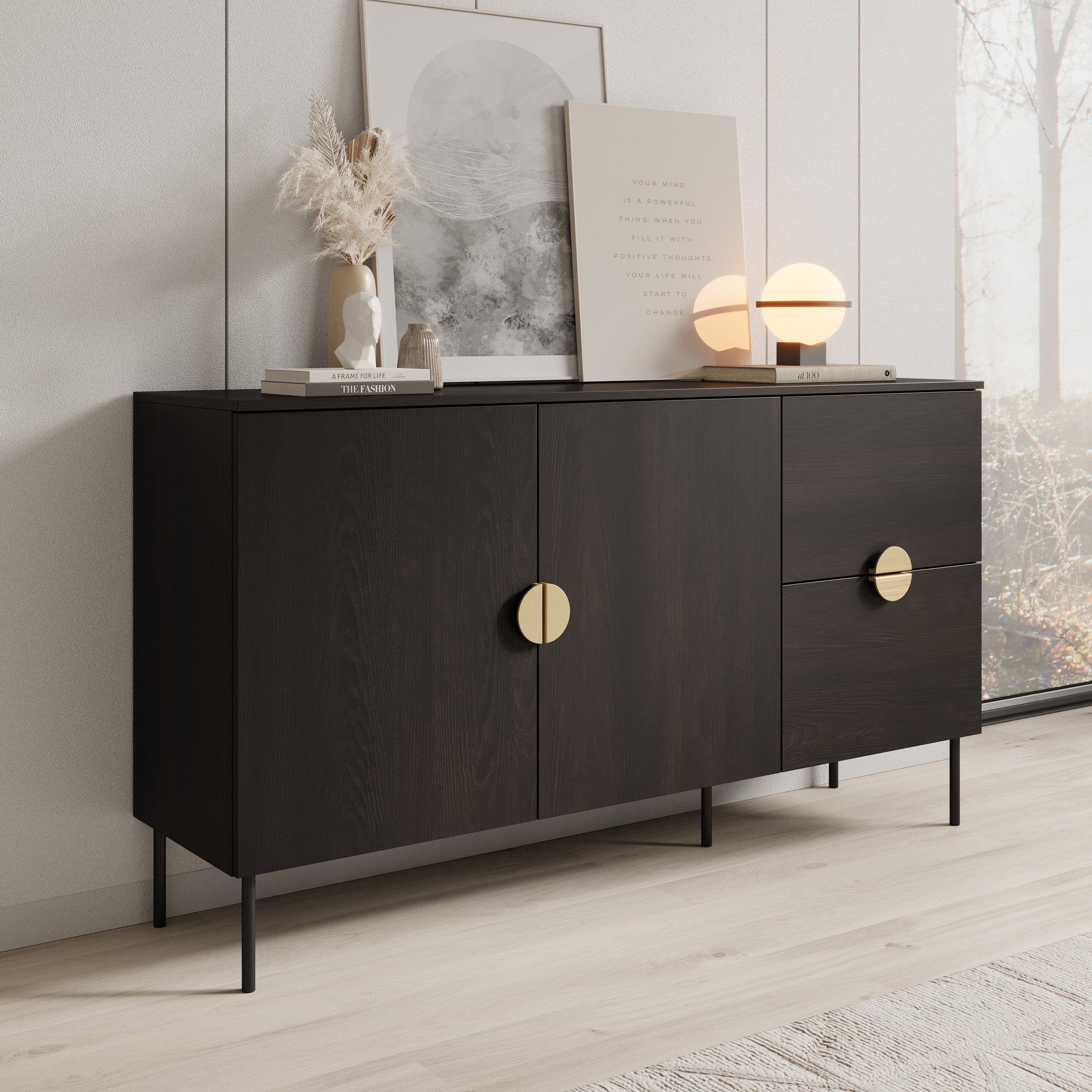 Meubella - Dressoir Monor - Zwart eiken - 160 cm