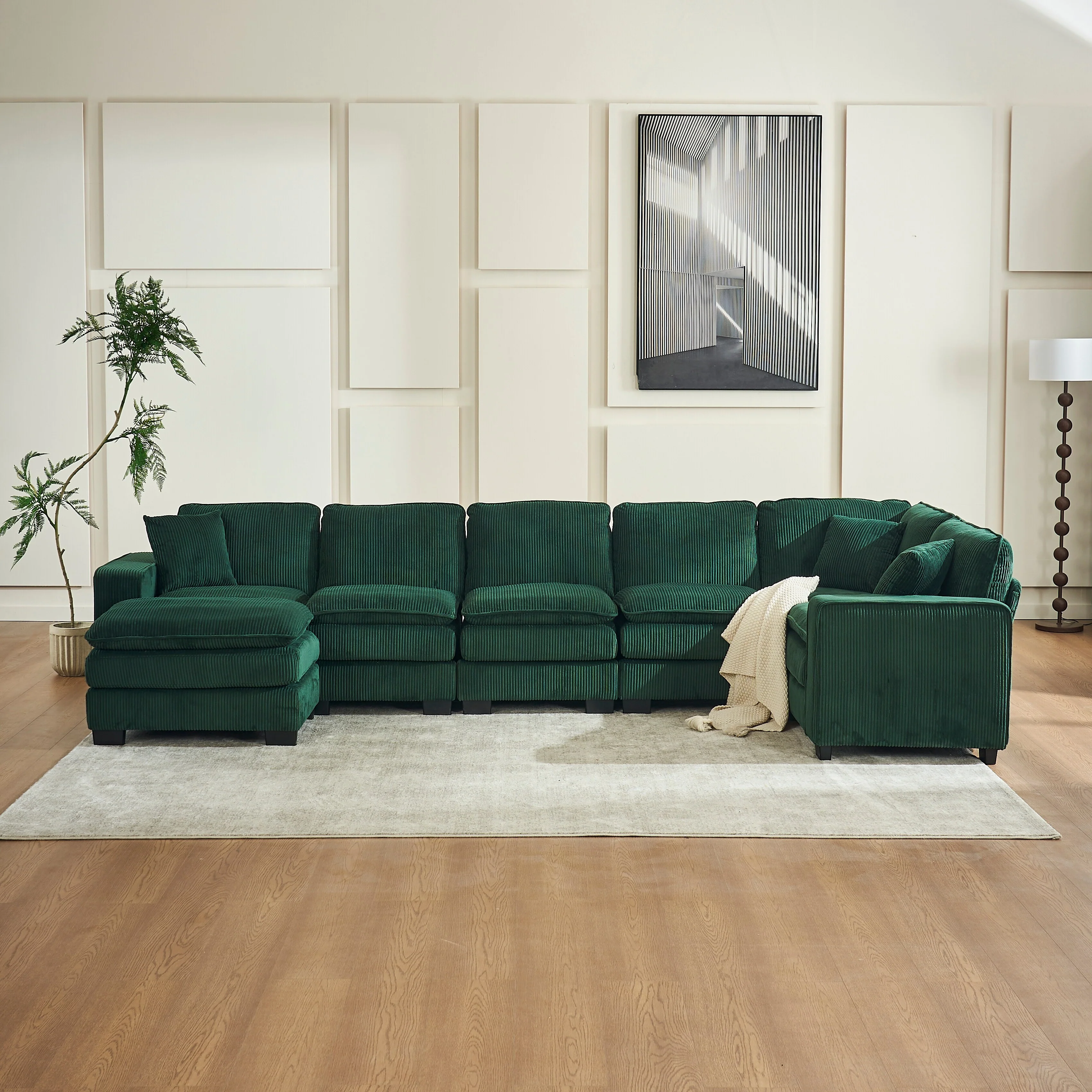 Modern Corduroy Sofa with Spring Supported Cushions and Pillows and Wood Frame for Living Room and Guest Room