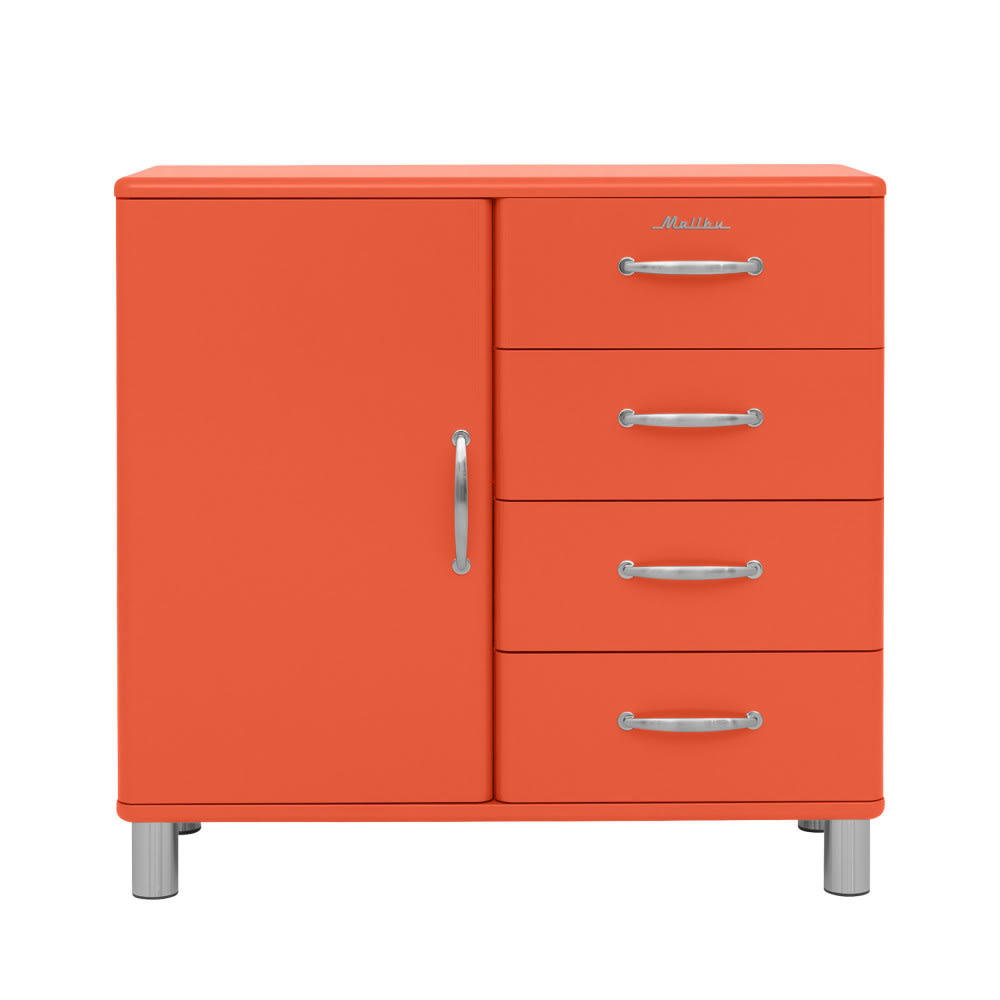 MALIBU - Buffet vintage 1 porte 4 tiroirs L98cm rouge