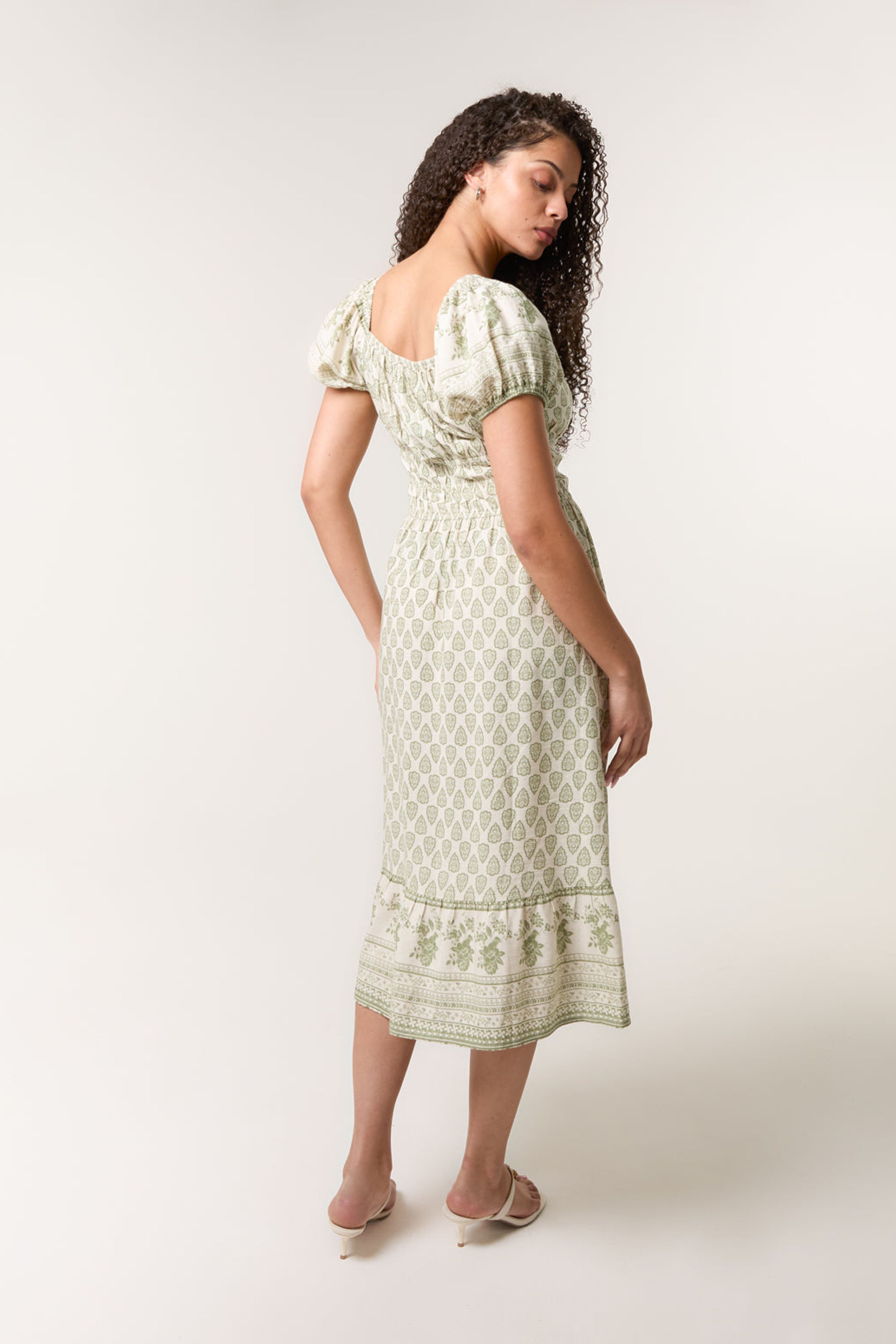 Blue Vanilla Green Border Print Puff Sleeve Midi Dress