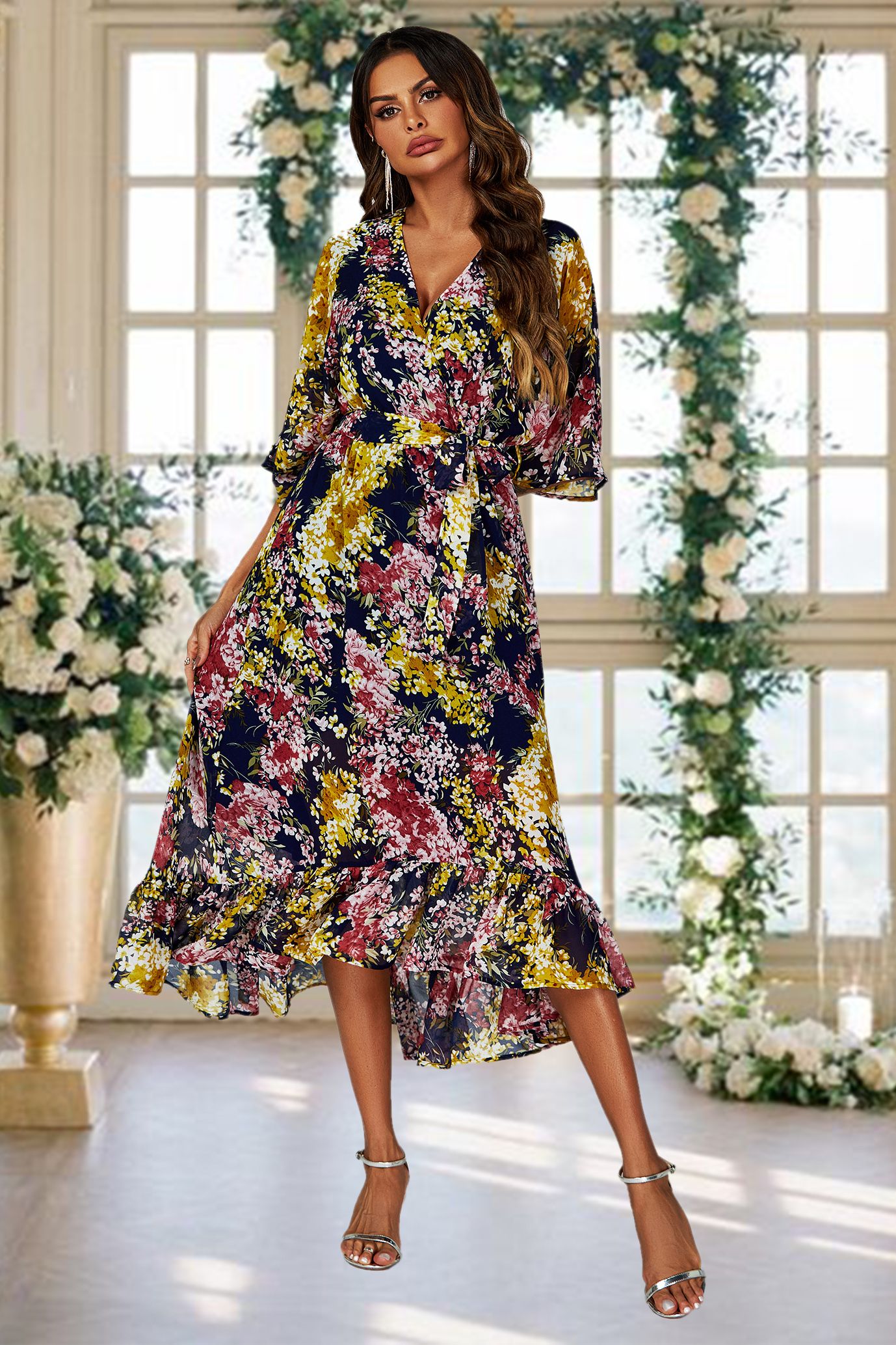 FS Collection Floral Print Wrap Top Kimono Sleeve Maxi Dress In Navy