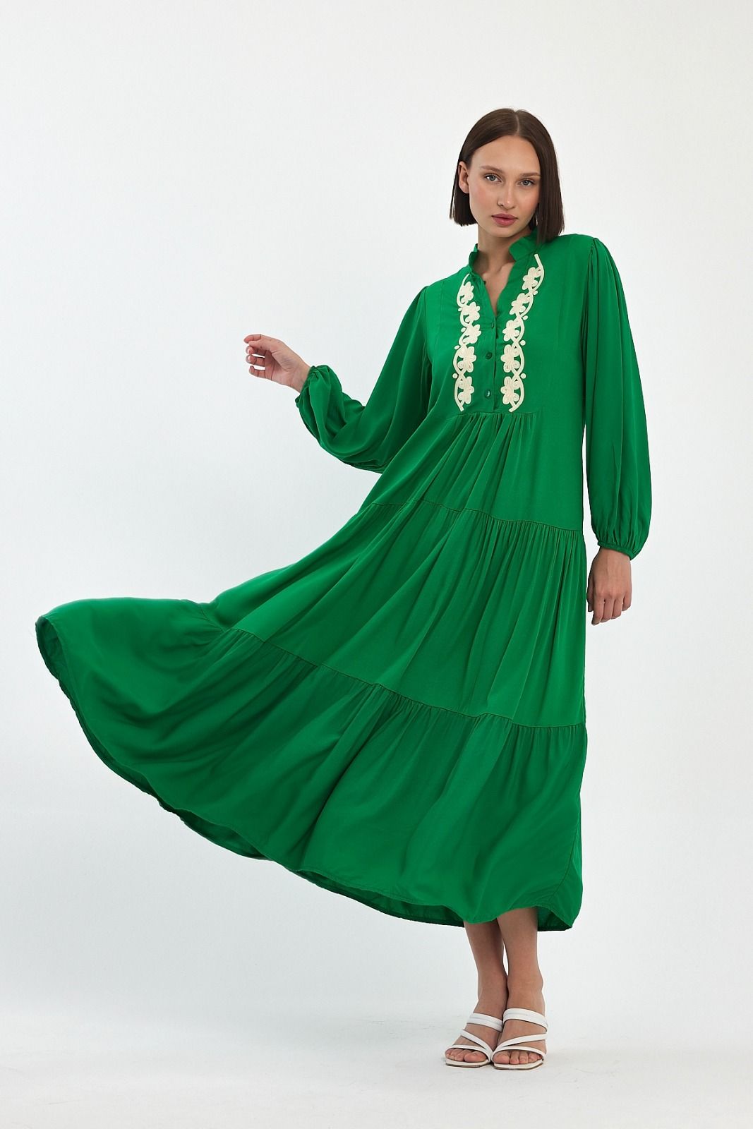 Belissh Embroidered Front Tiered Midi Dress in Green