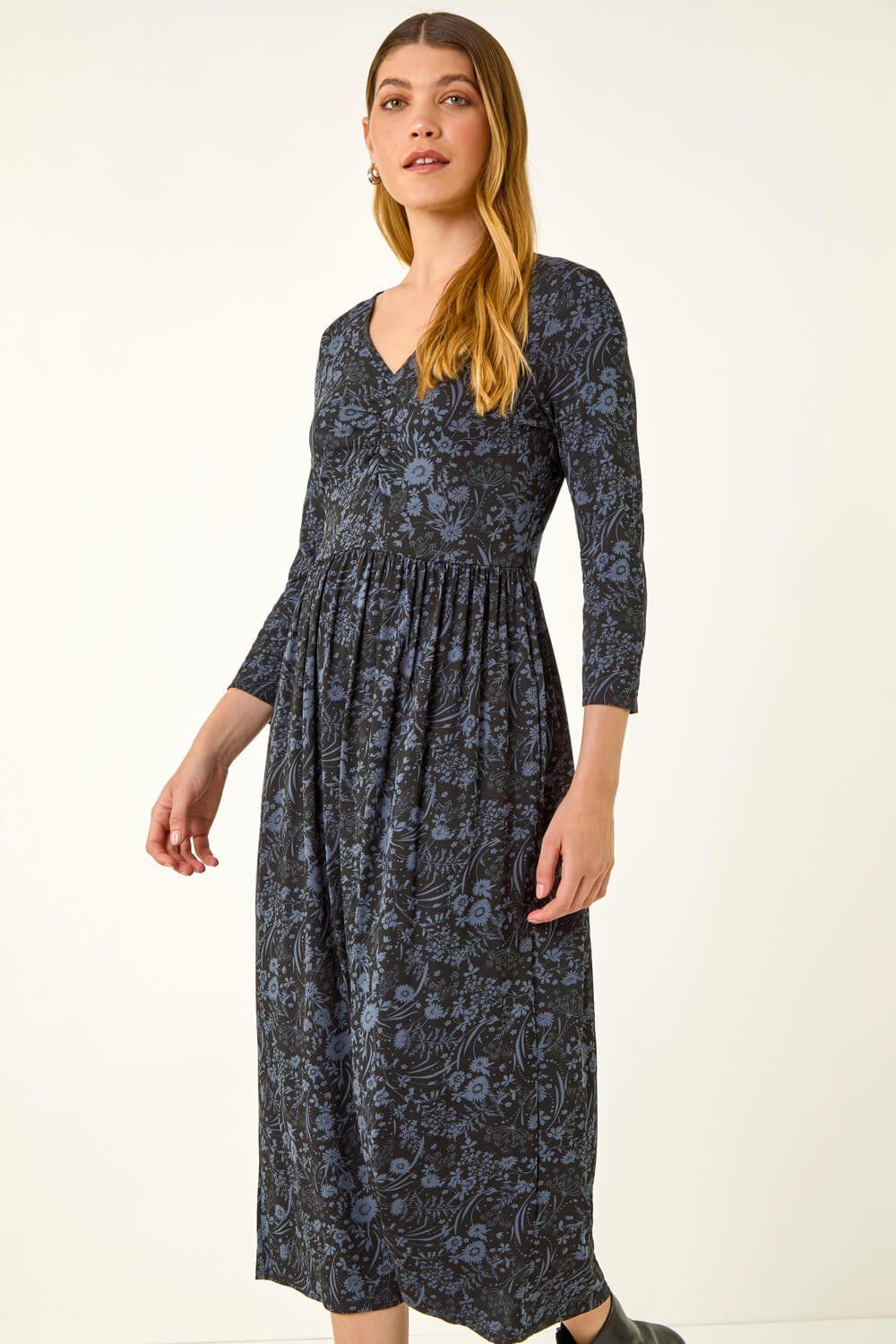 Roman Floral Print Ruched Stretch Midi Dress