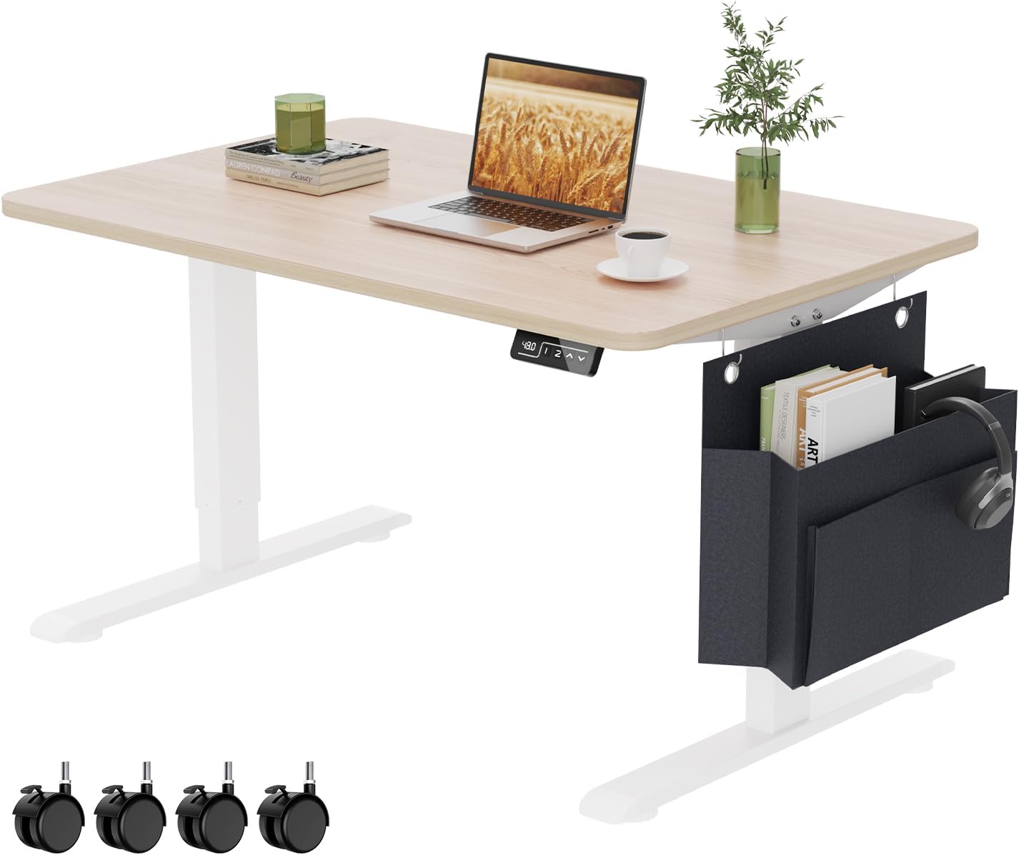 Coffee Table, Height Adjustable Electric Coffee Table with Storage Bag Lift Tabletop Dining Table Office Table with Lockable Wheels for Living Room (Natural Maple Look, 40 x 24 Inches)