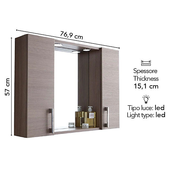 Miroir De Rangement Avec Armoires Latérales, étagère Et Spots À Led 77Cm Chêne Fumé