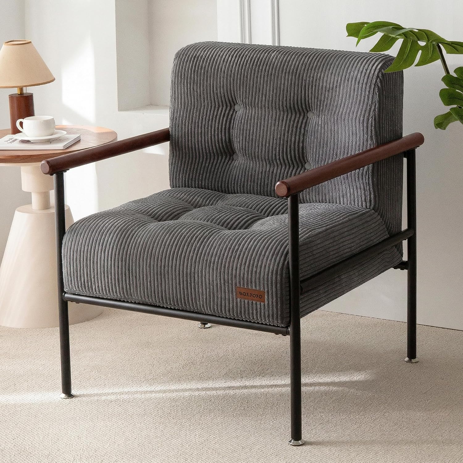 MAXYOYO Living Room Accent Chair, Modern Chair with Sturdy Metal Frame & Wood Armrests, Upholstered Reading Chair with Upholstered Cushion for Bedroom Balcony Porch, Dark Grey