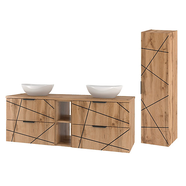 Ensemble meuble double vasque 140cm 2 niches et colonne Teren Bois