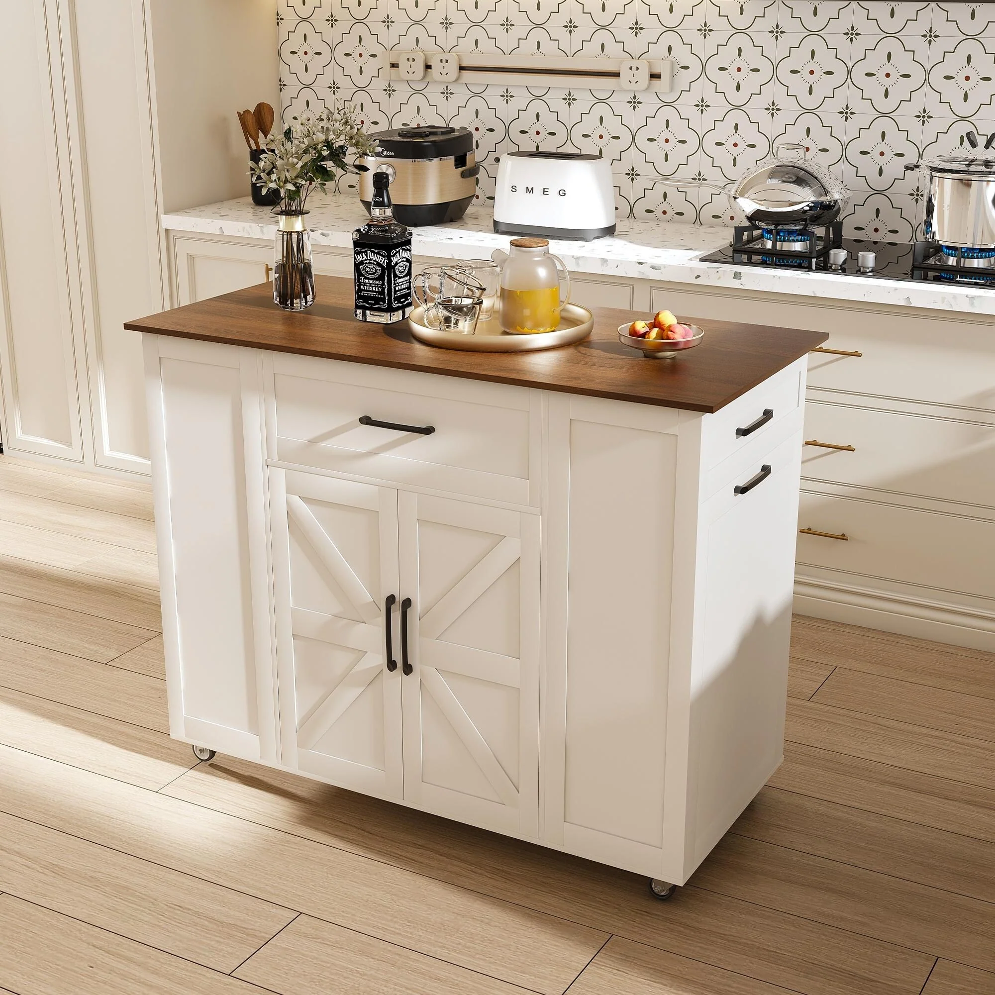 46 Mobile Kitchen Island with Storage & Electrical Outlet , Adjustable Shelf & Drawer(White).