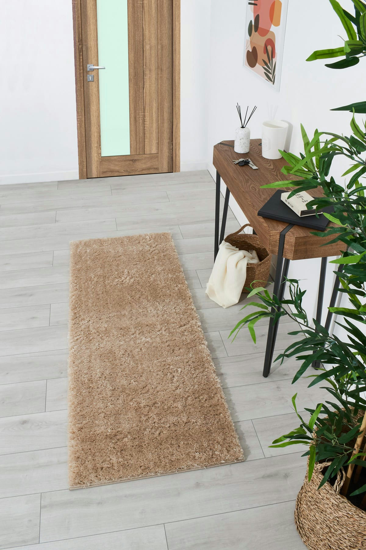 COSY - Tapis en polyester brillant motif uni beige 67x90