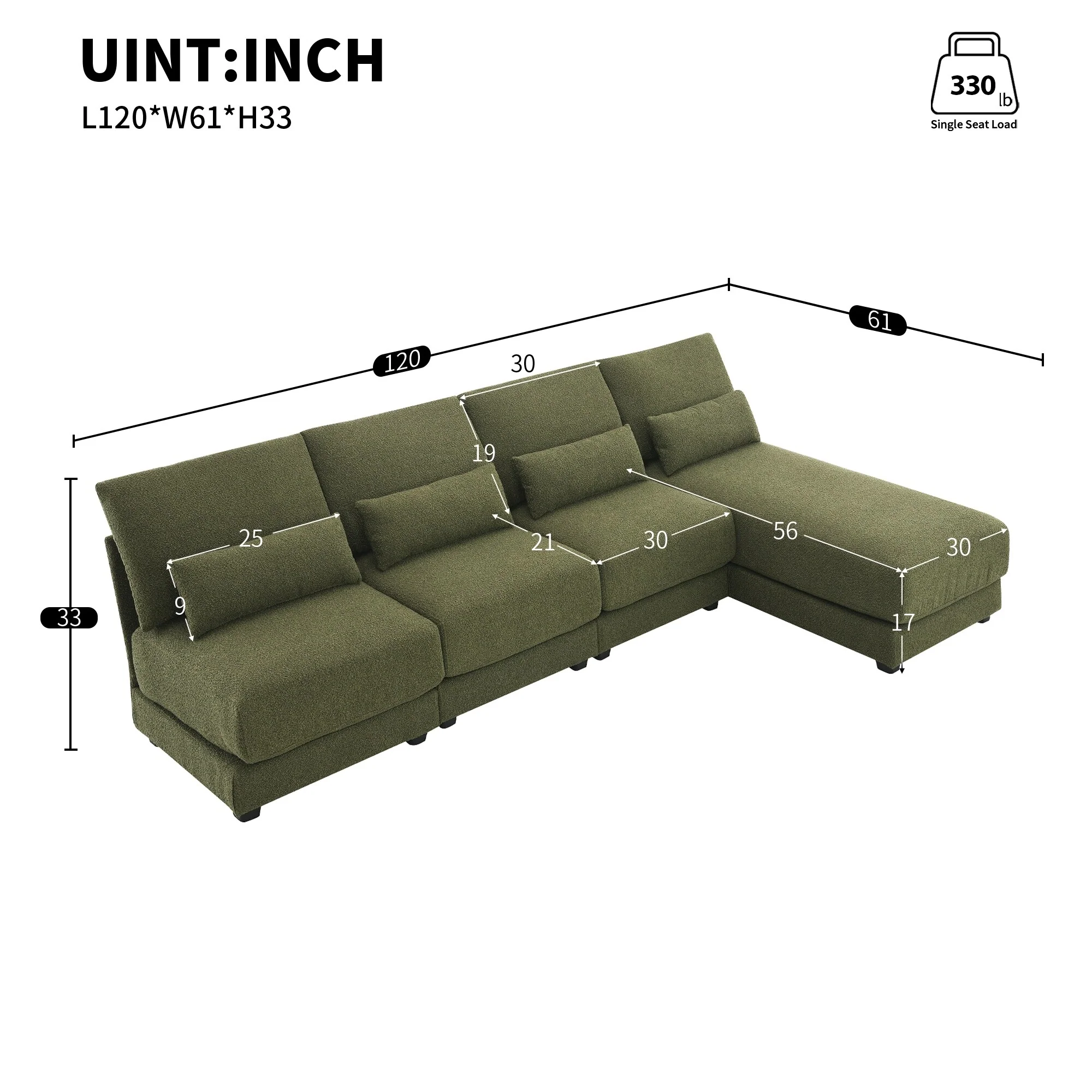 Green 120 L-Shaped 4-Seat Sectional Sofa with Reversible Chaise and 4 Waist Pillows, Armless Design for Space-Saving Solutions