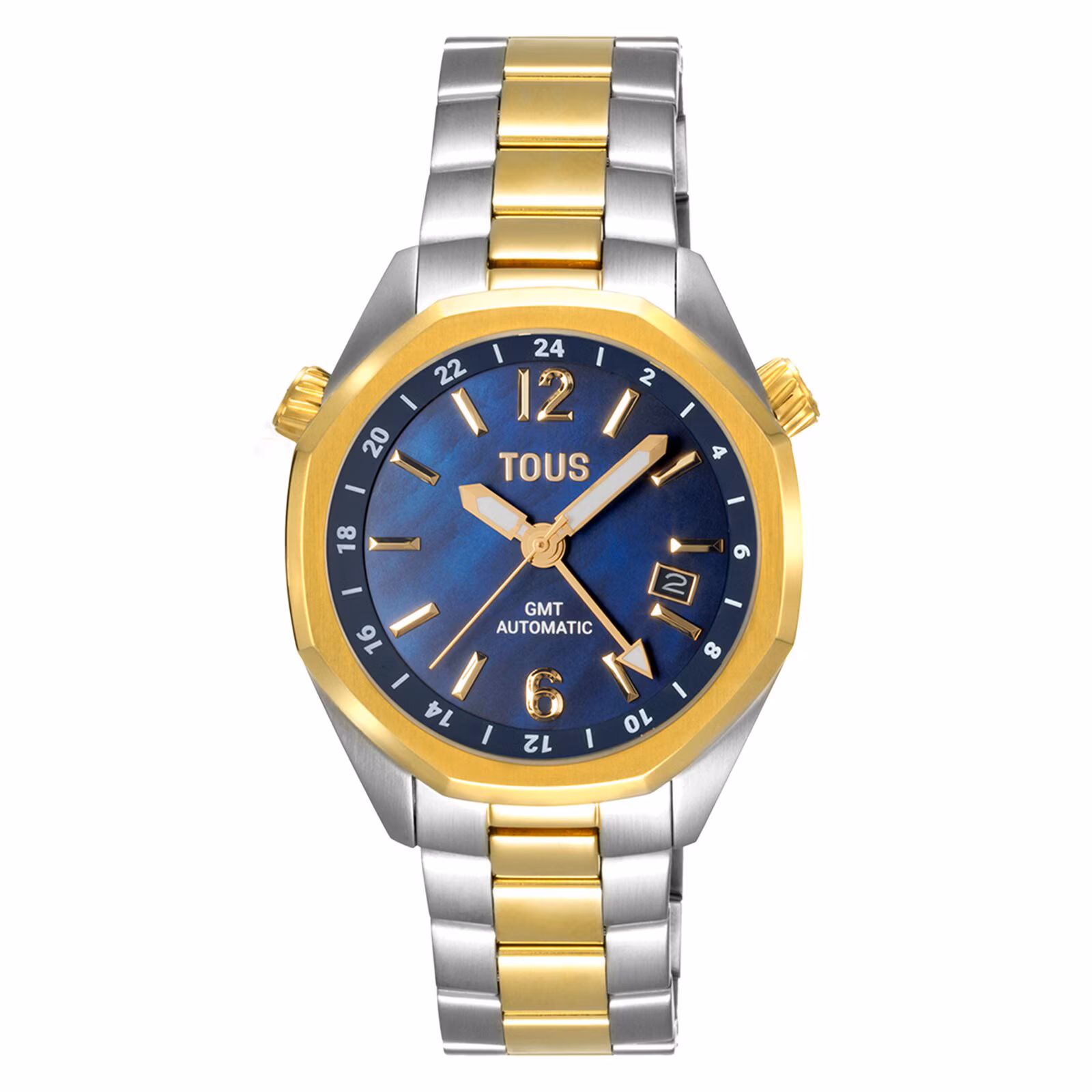 Reloj gmt automático con esfera de nácar azul y brazalete de acero bicolor Tous Now