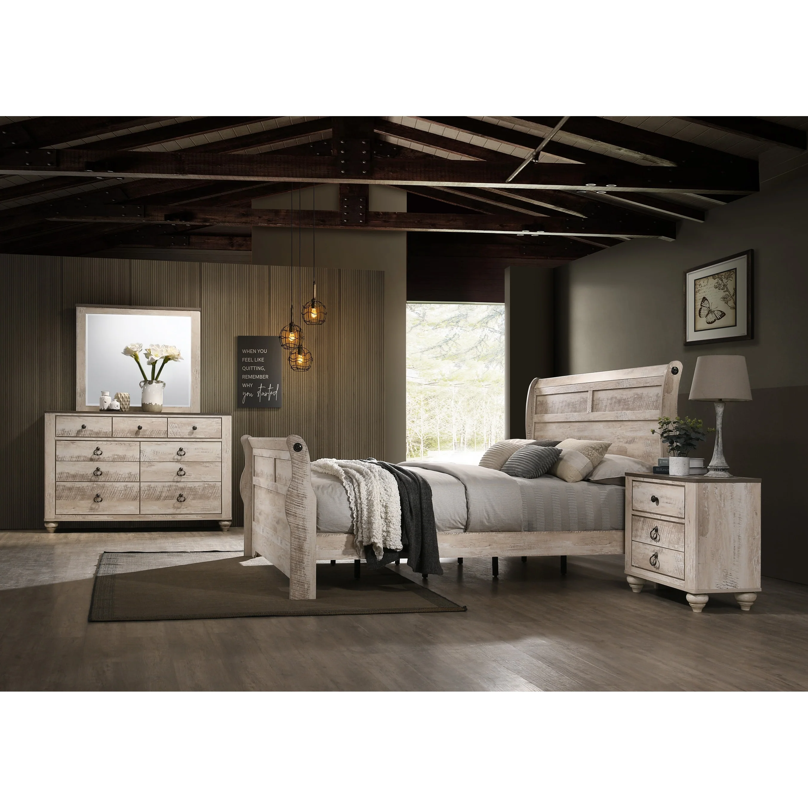 Roundhill Furniture Imerland Contemporary White Wash Finish Bedroom Set with Sleigh Bed, Dresser, Mirror, Two Nightstands