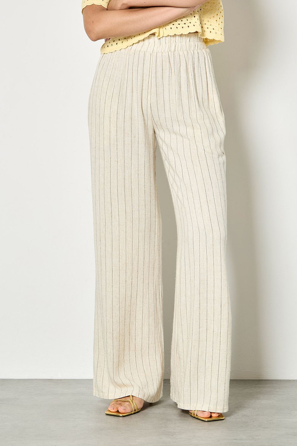 Apricot Pinstripe Linen Blend Wide-Leg Trousers