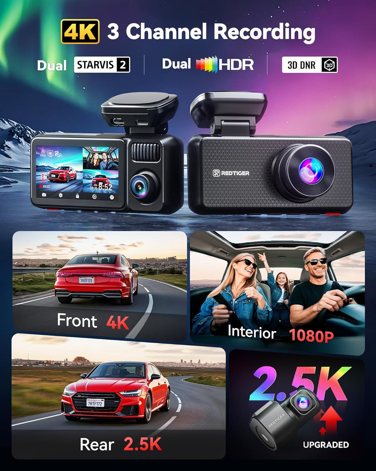 REDTIGER F17 Elite 4K Dash Cam 3 Channel  STARVIS 2 IMX678 & IMX675  128GB Card  Full Night Color  4K+2.5K+1080P Front and Rear Inside  Voice Control  5GHz WiFi-30MB/s Download  GPS  HDR  Parking Mode