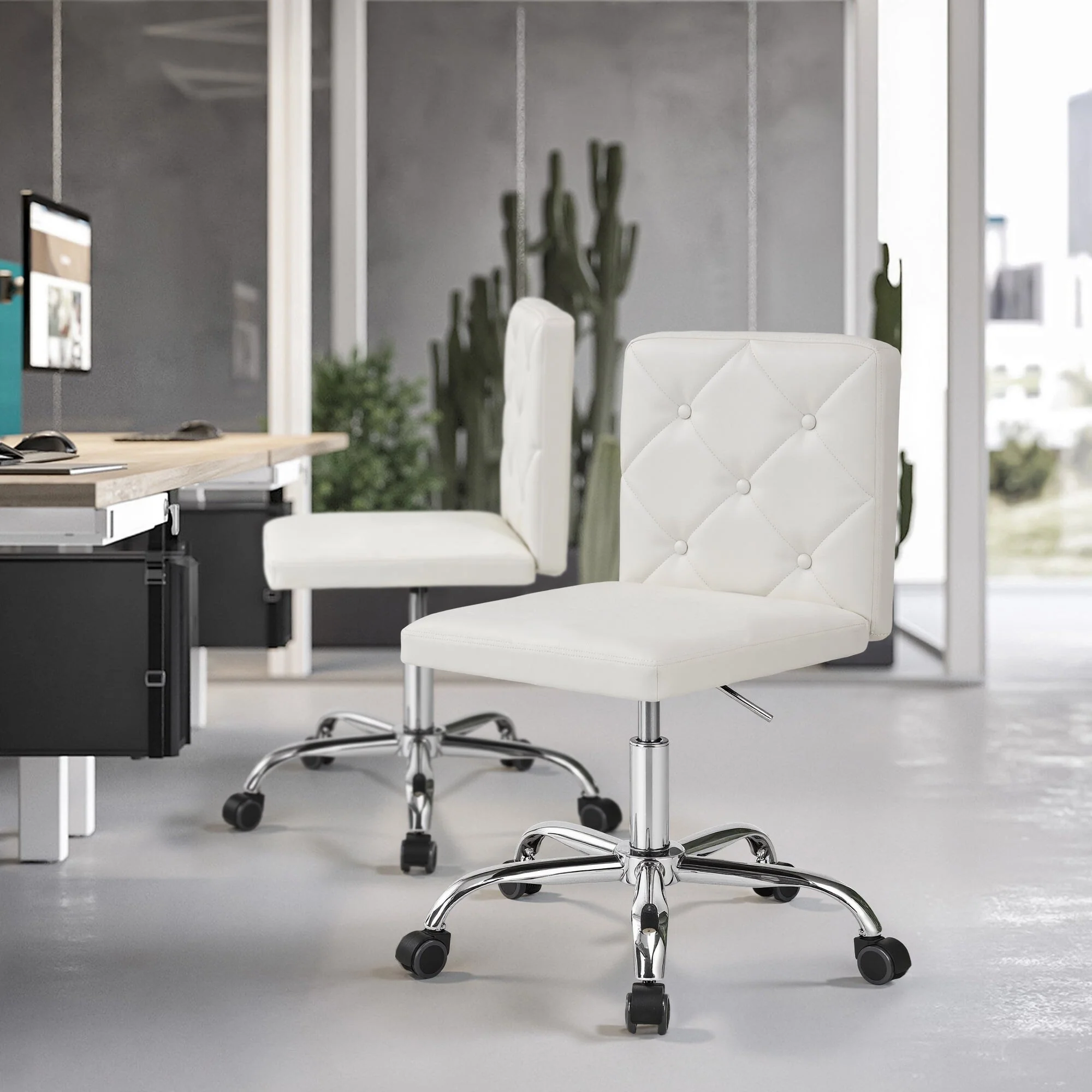 Javlergo Armless Office Desk Chair, PU Leather Mid-Back Adjustable Height 360° Rolling Swivel