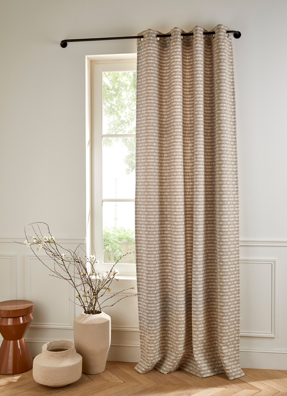 RIDEAU TAMISANT EN JACQUARD GÉOMÉTRIQUE BEIGE