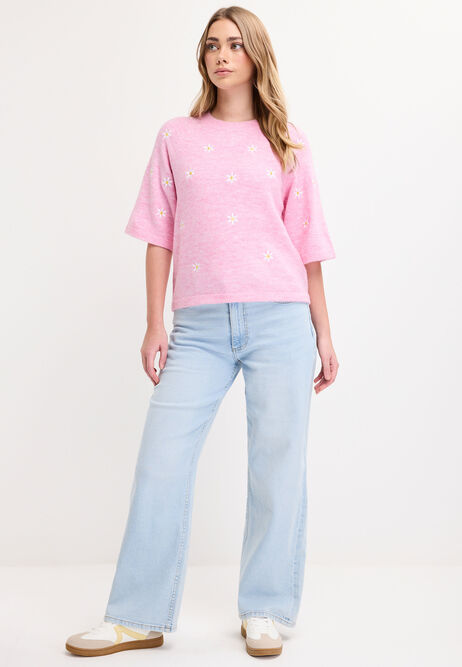 Womens Pink Daisy Embroidered Jumper