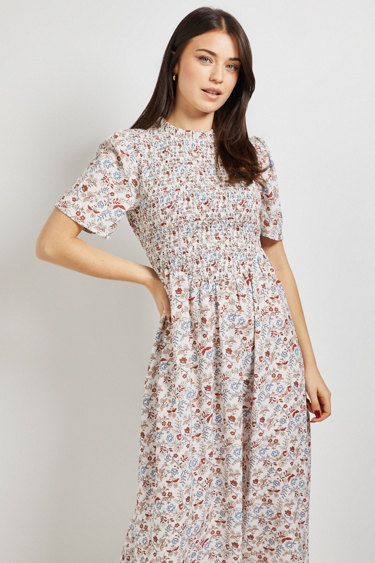 Dorothy Perkins Petite Cream Floral Shirred Bodice Drop Waist Midi Dress