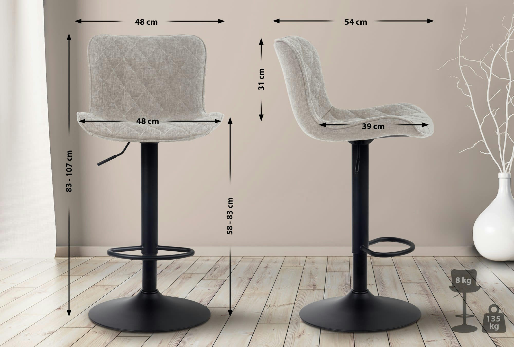 EMMA - Tabouret de bar ajustable pivotant tissu Taupe