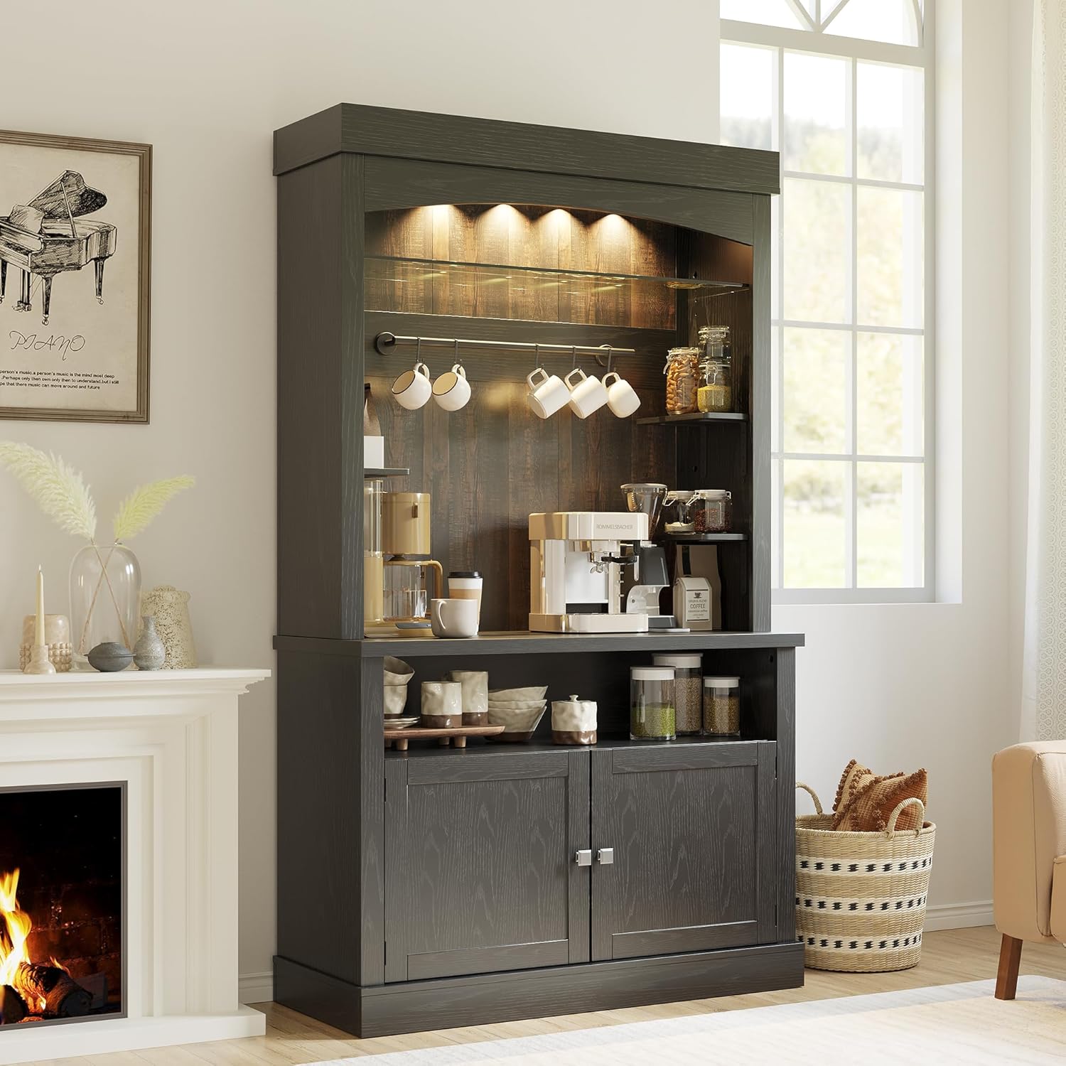CABIHOME 72 Coffee Hutch Large Kitchen Sideboard，Farmhouse Coffee Bar Cabinet with Storage LED Buffet Cabinet with Wine Rack/Glass Shelf for Kitchen, Dining Room, Living Room(Black)
