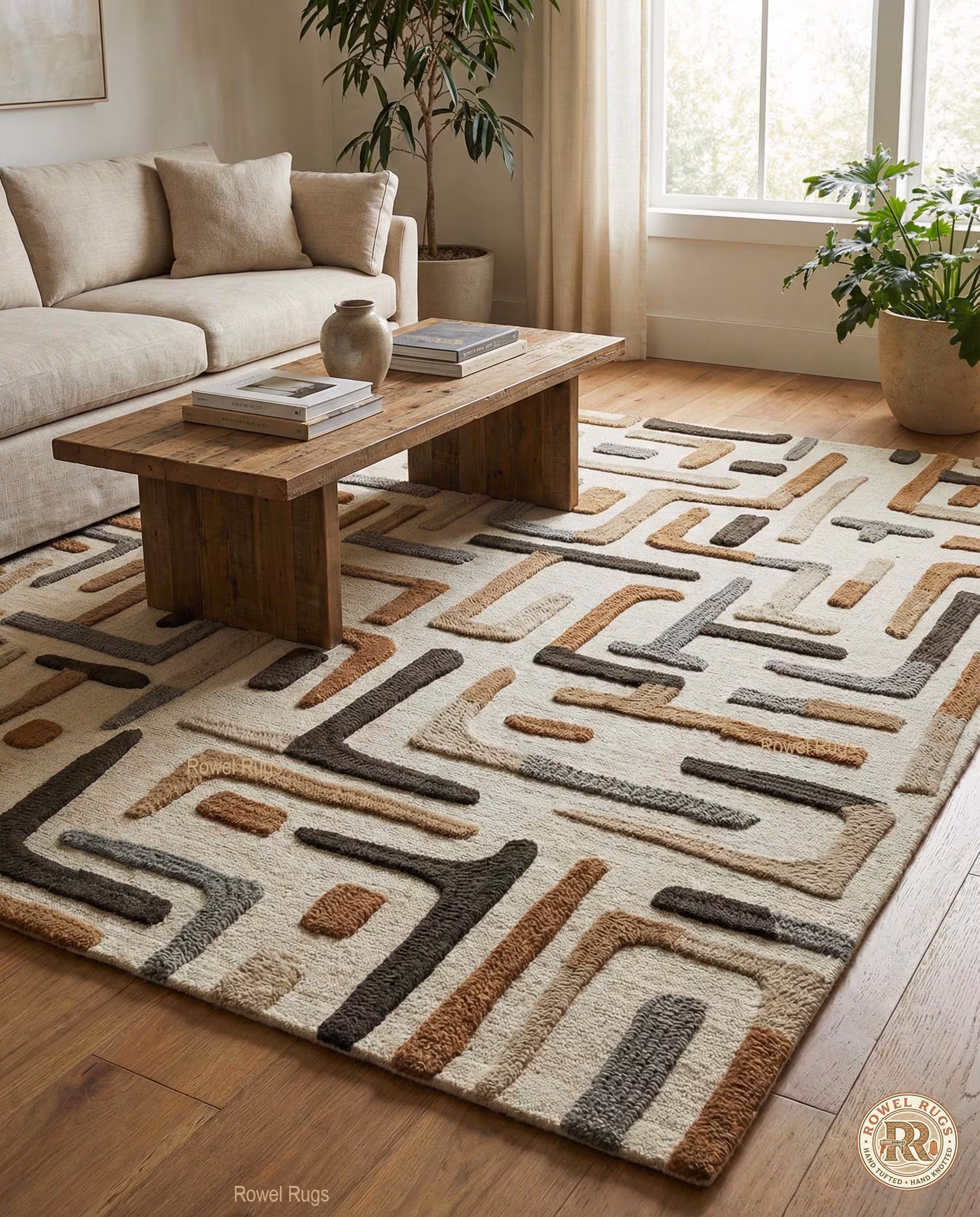 Modern Geometric Hand-Tufted Wool Rug Neutral Hi Low Texture Living Room Decor Area Rug
